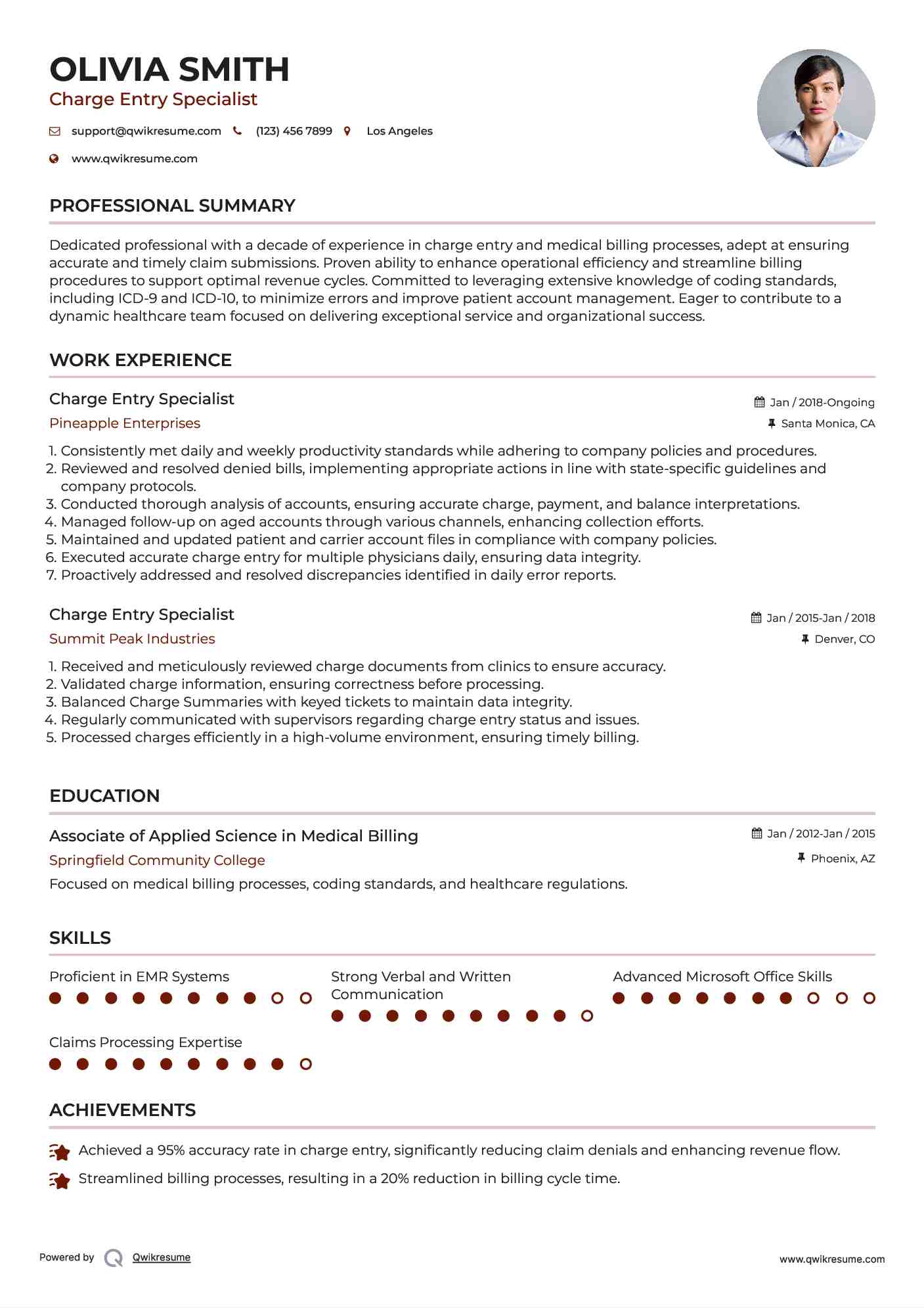 Charge Entry Specialist Resume Format