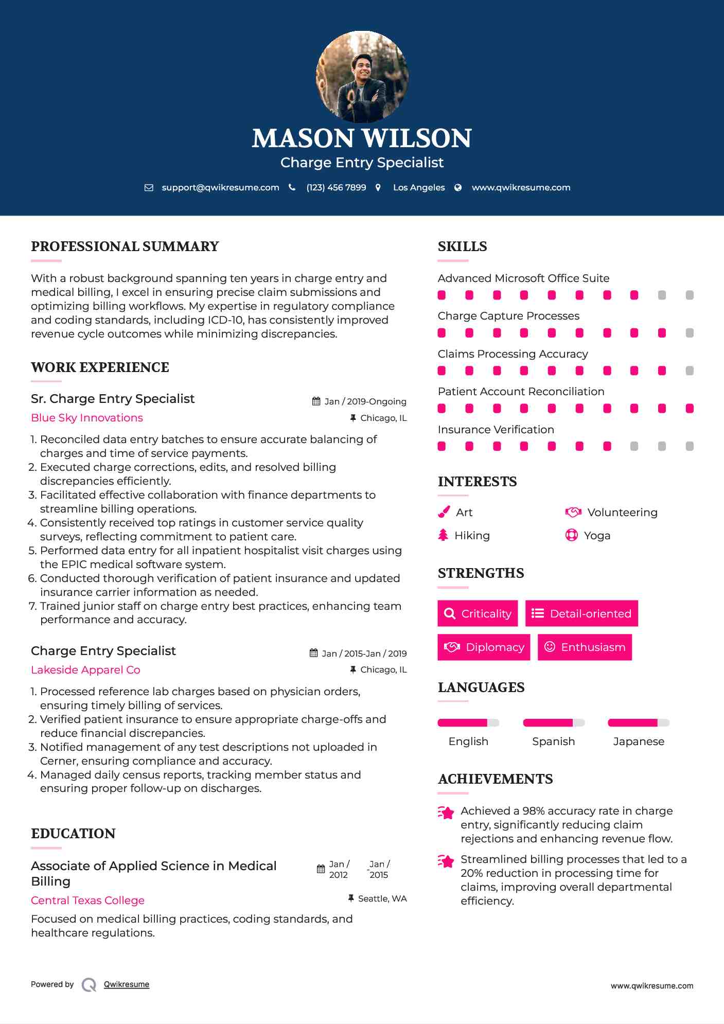 Sr. Charge Entry Specialist Resume Template