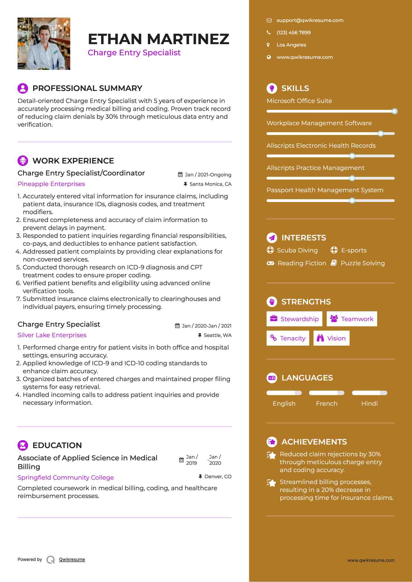 Charge Entry Specialist/Coordinator Resume Format