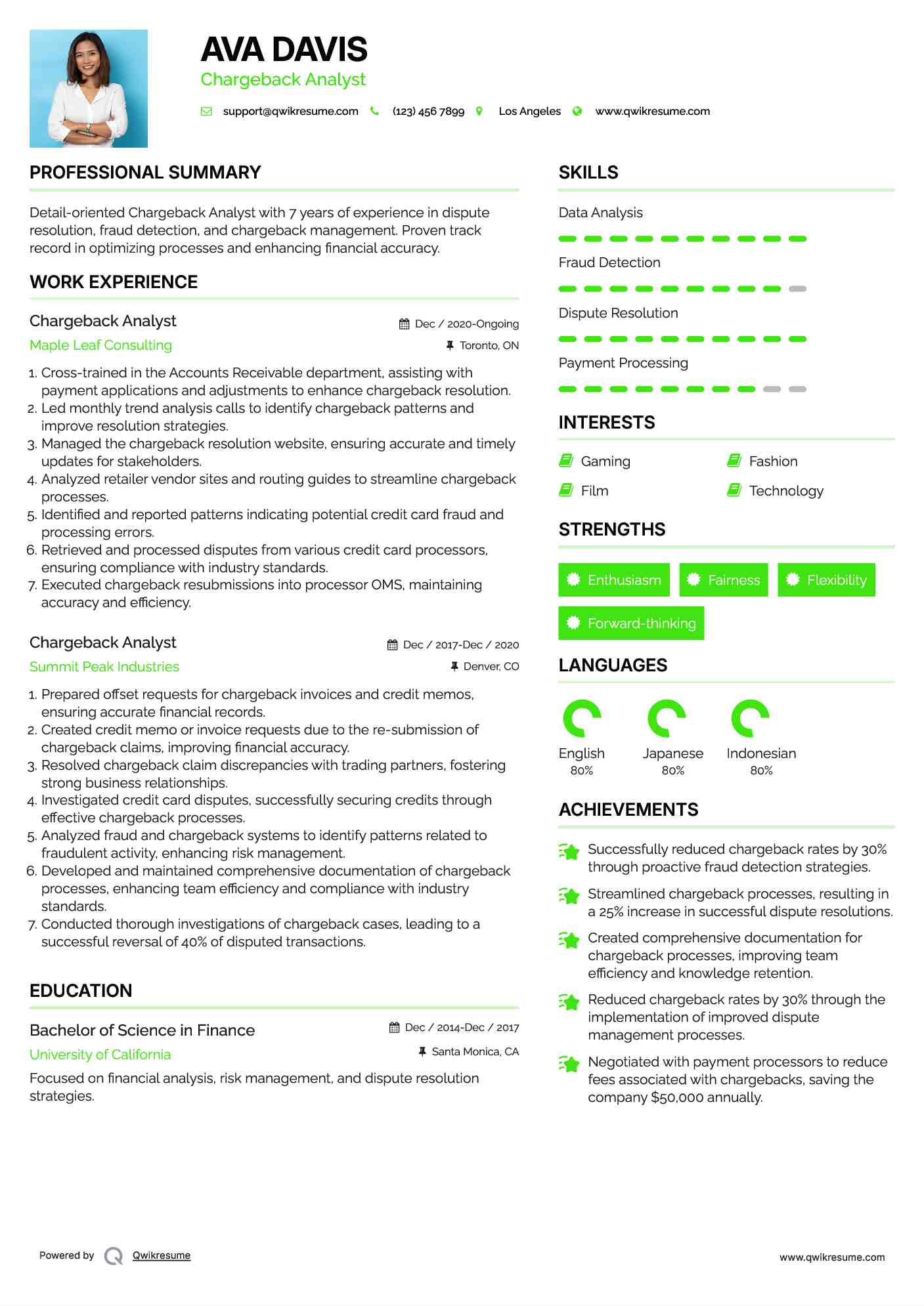Chargeback Analyst Resume Template