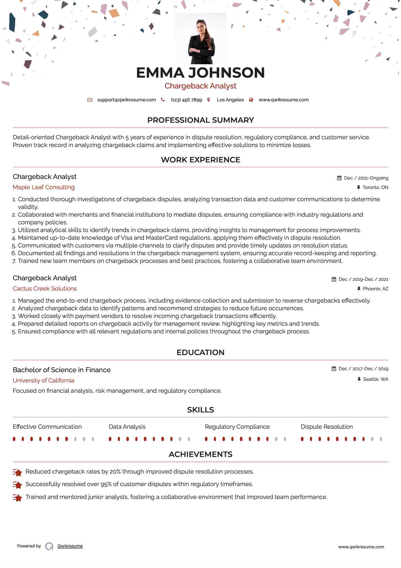 Chargeback Analyst Resume Template