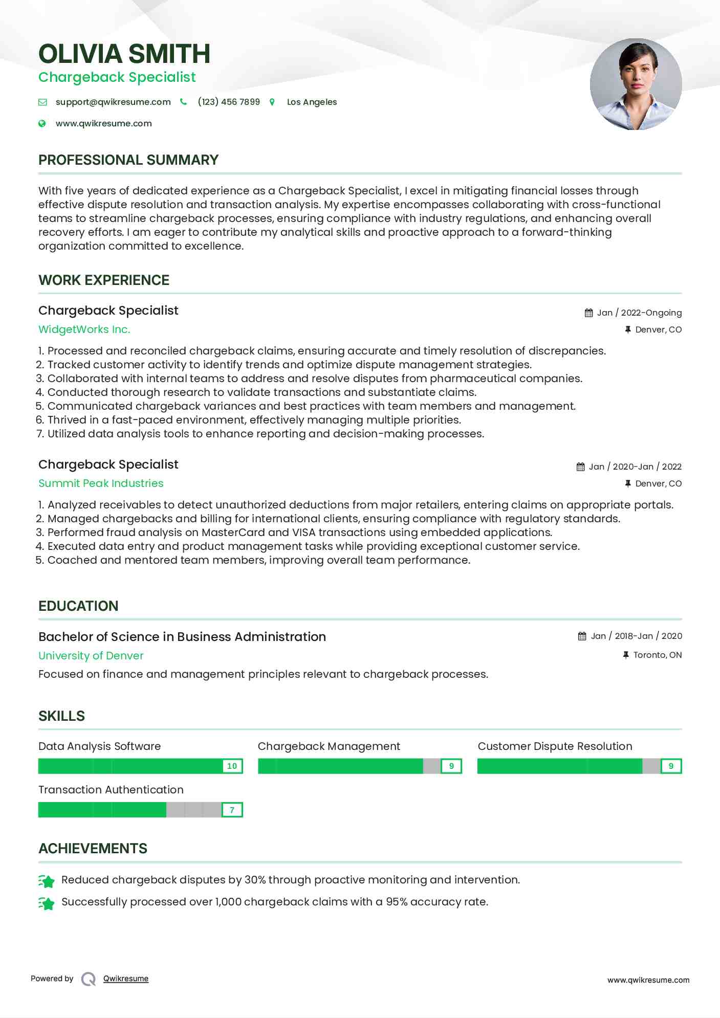 Chargeback Specialist Resume Model