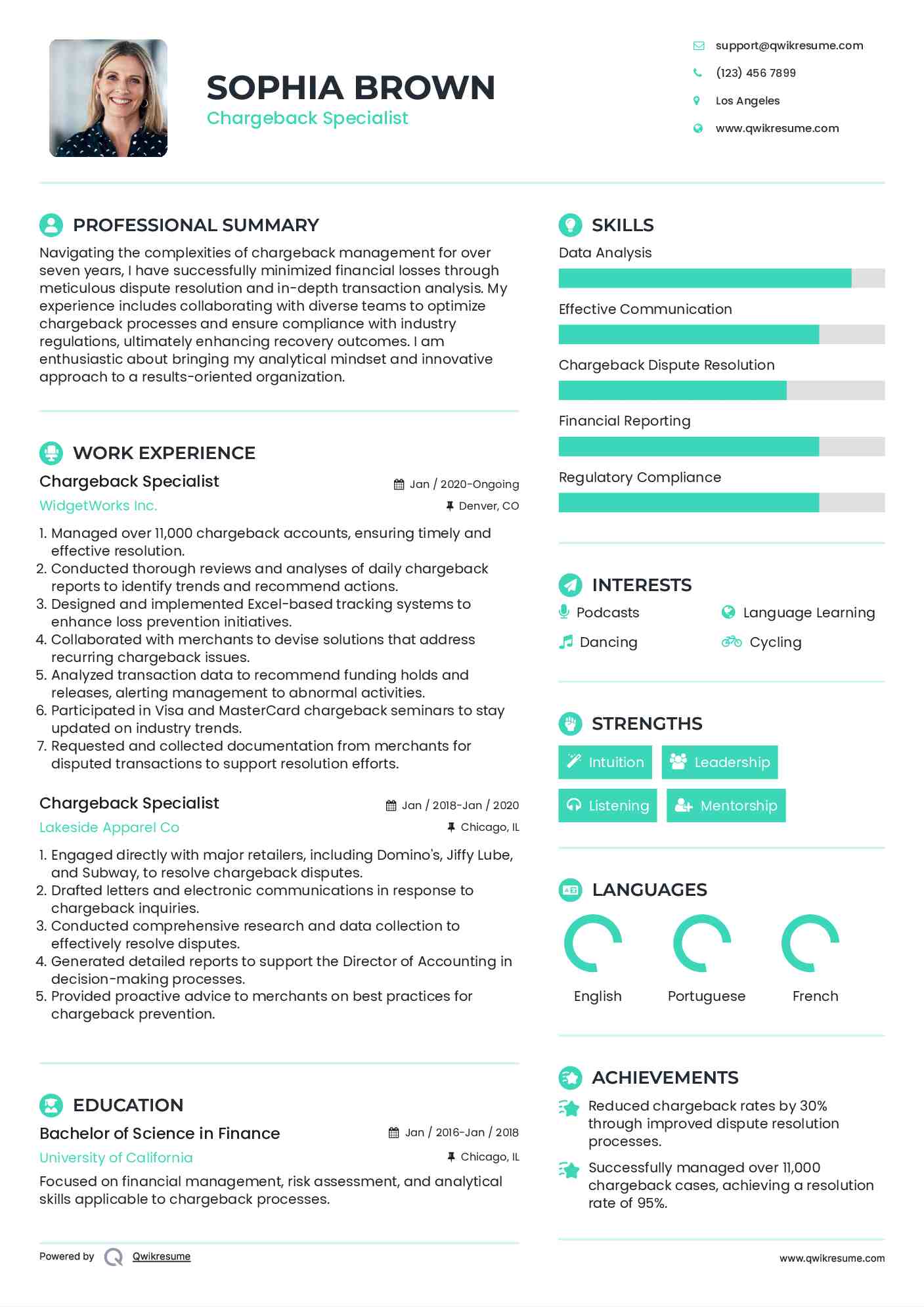 Chargeback Specialist Resume Sample