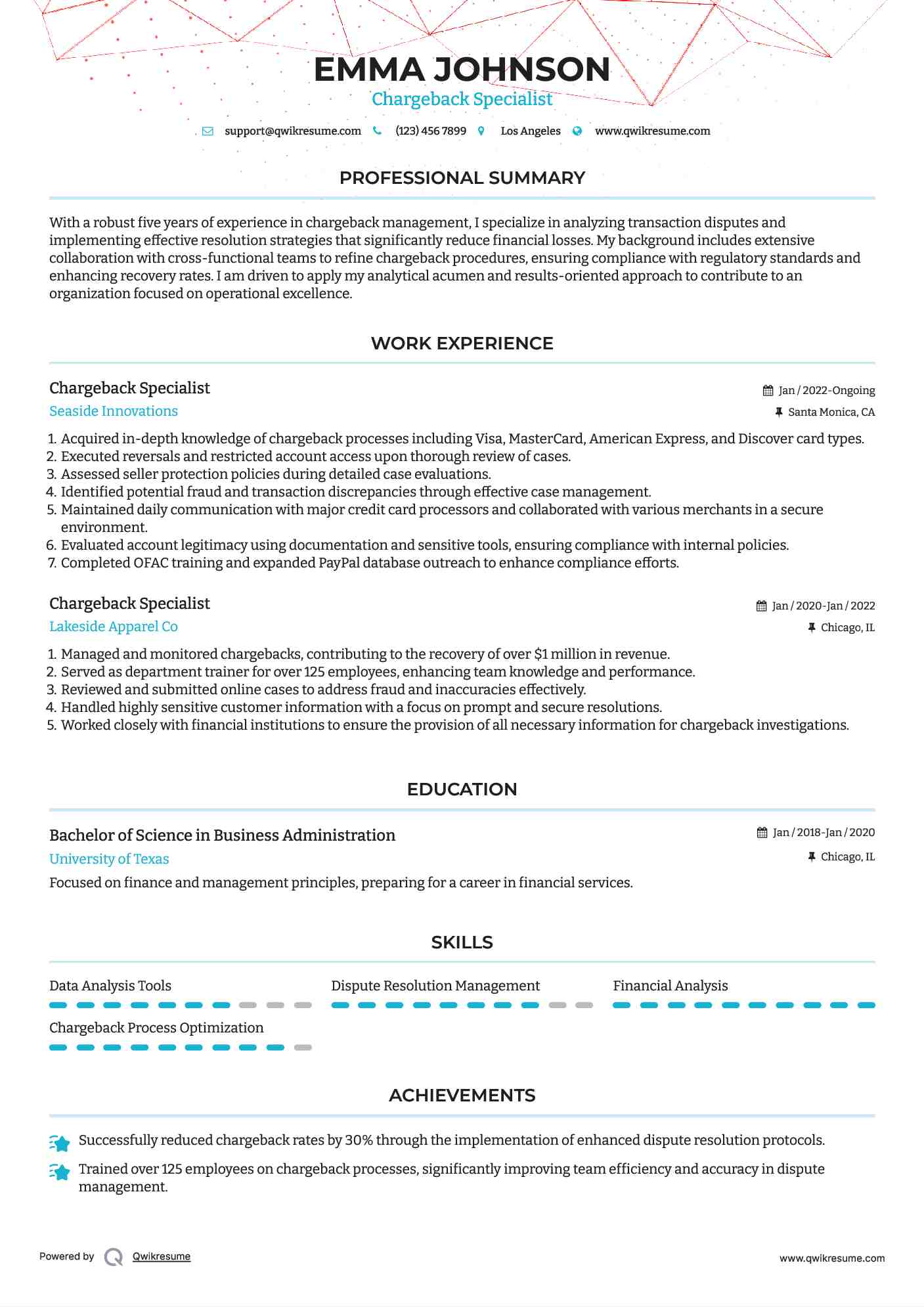 Chargeback Specialist Resume Format