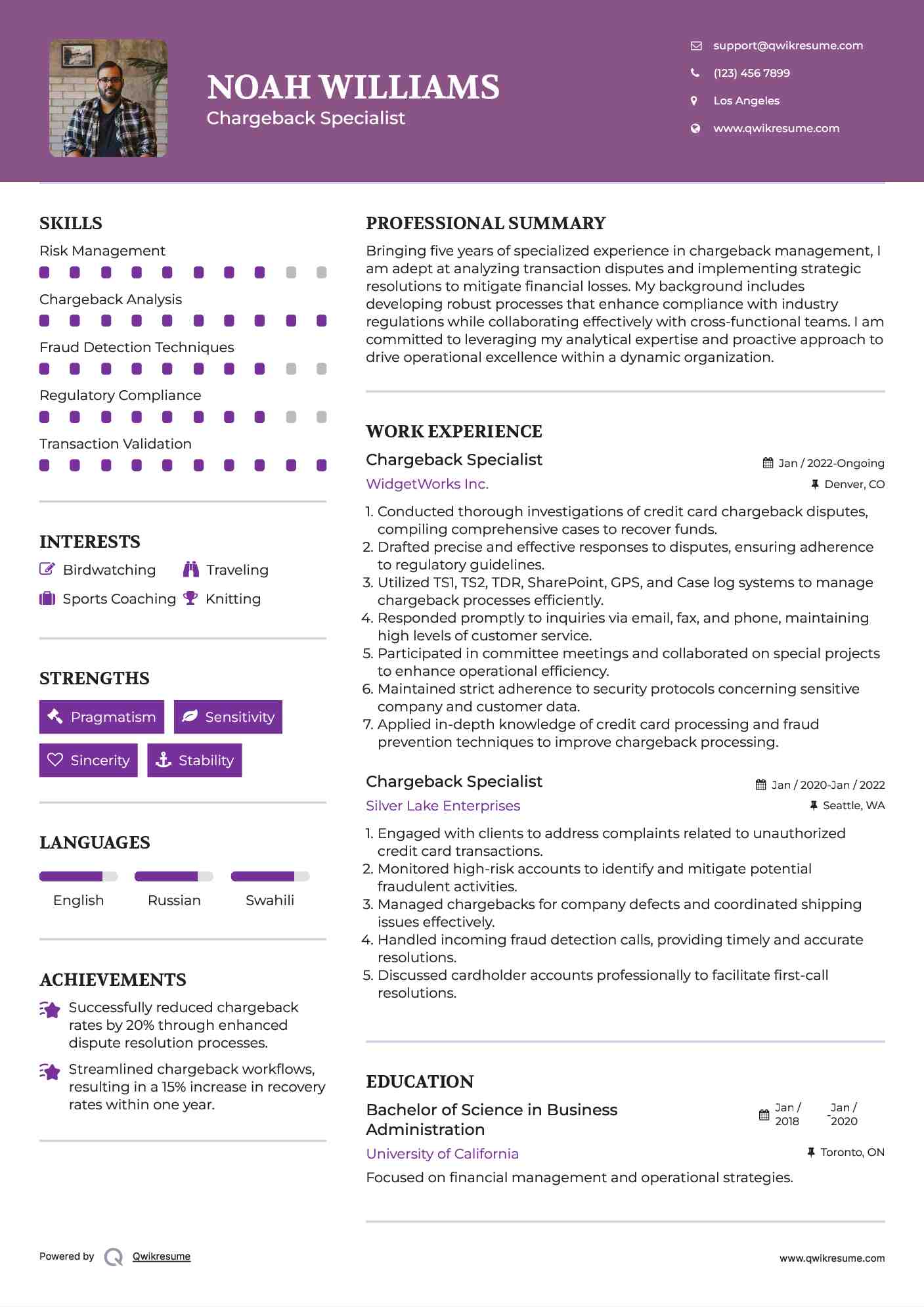 Chargeback Specialist Resume Sample