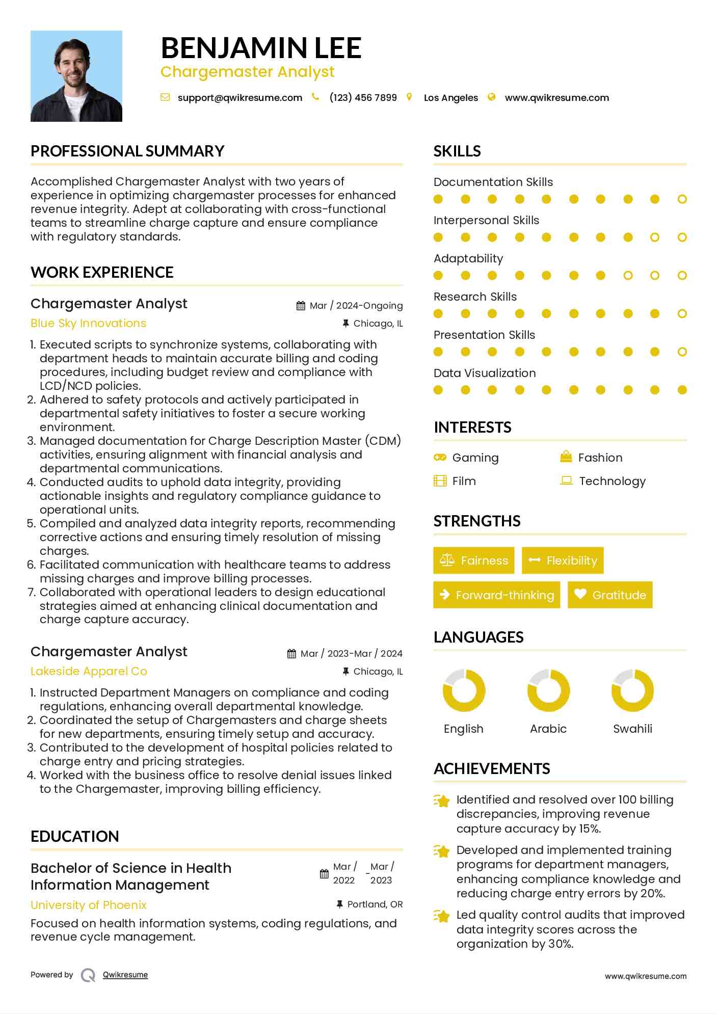 Chargemaster Analyst Resume Sample
