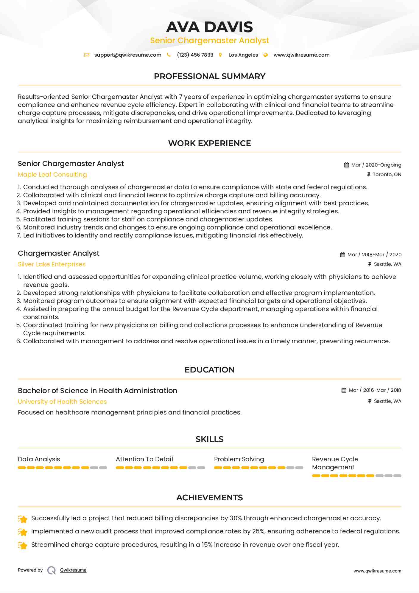 Senior Chargemaster Analyst  Resume Model