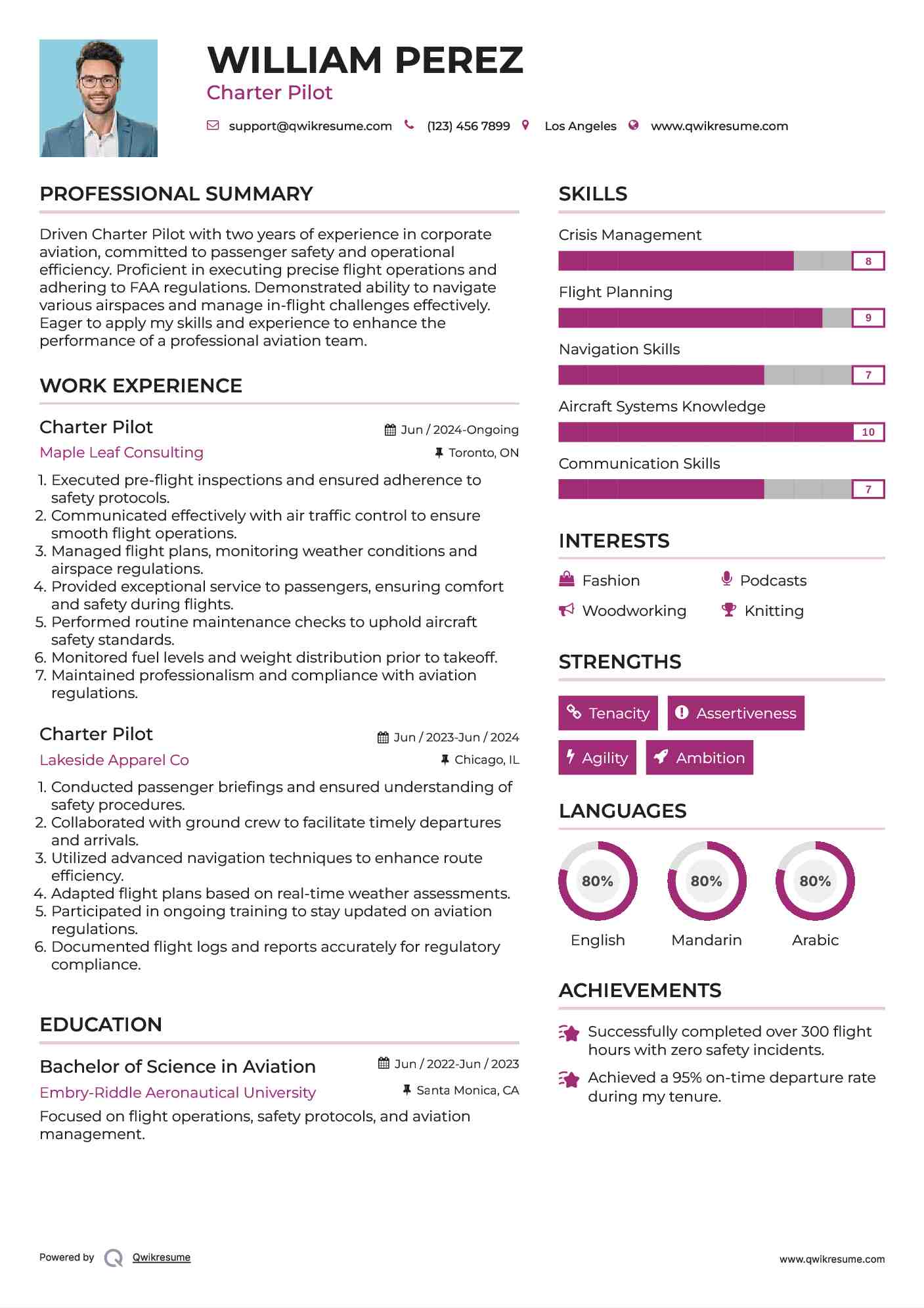 Charter Pilot Resume Format