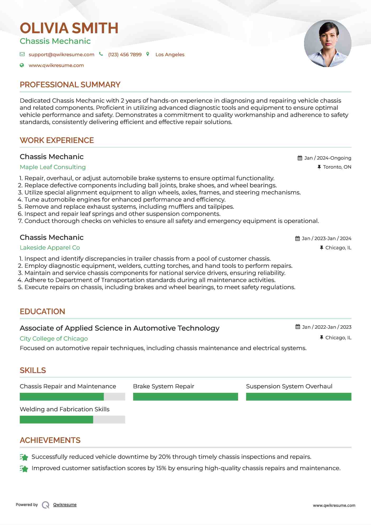 Chassis Mechanic Resume Example