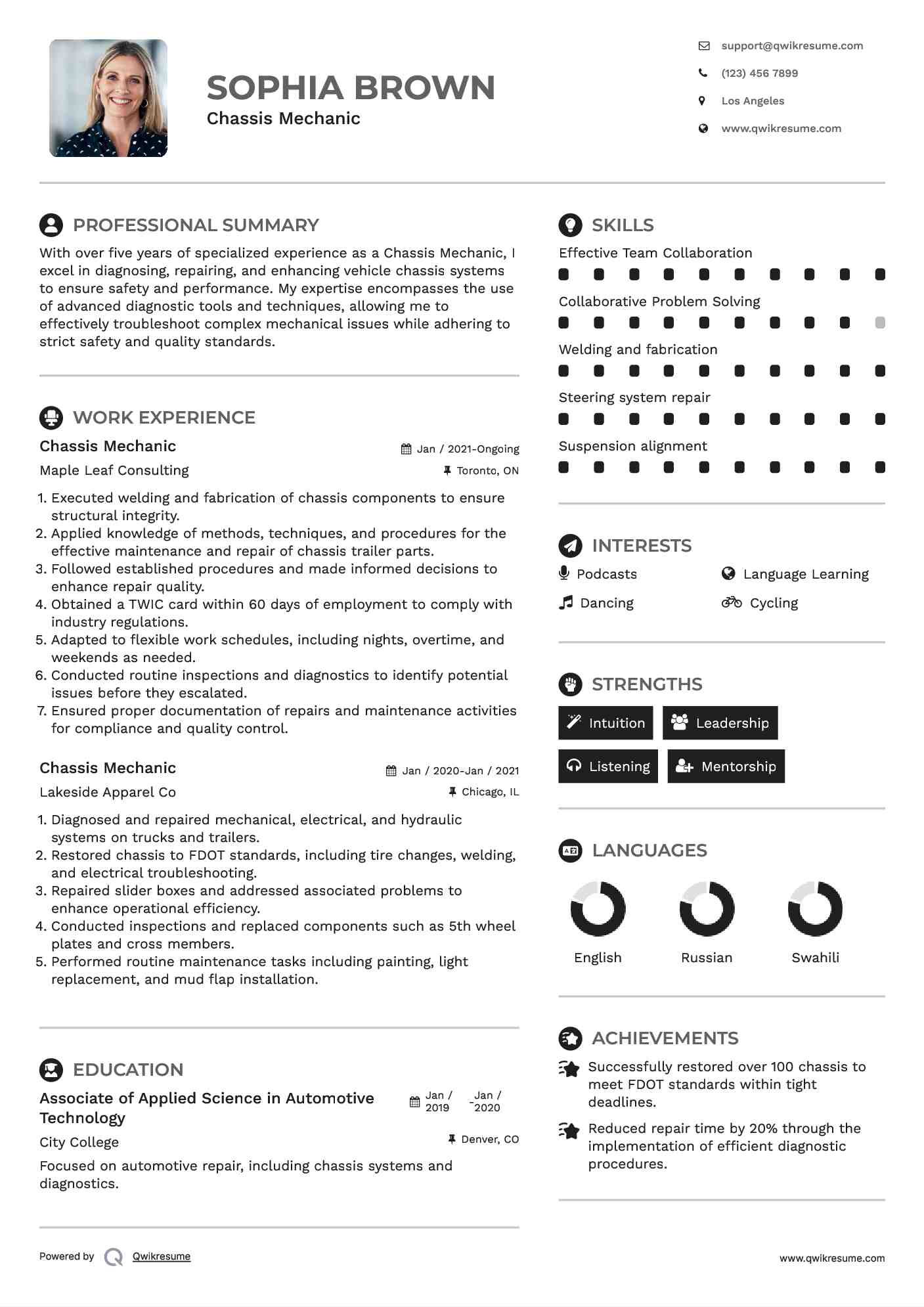 Chassis Mechanic Resume Format