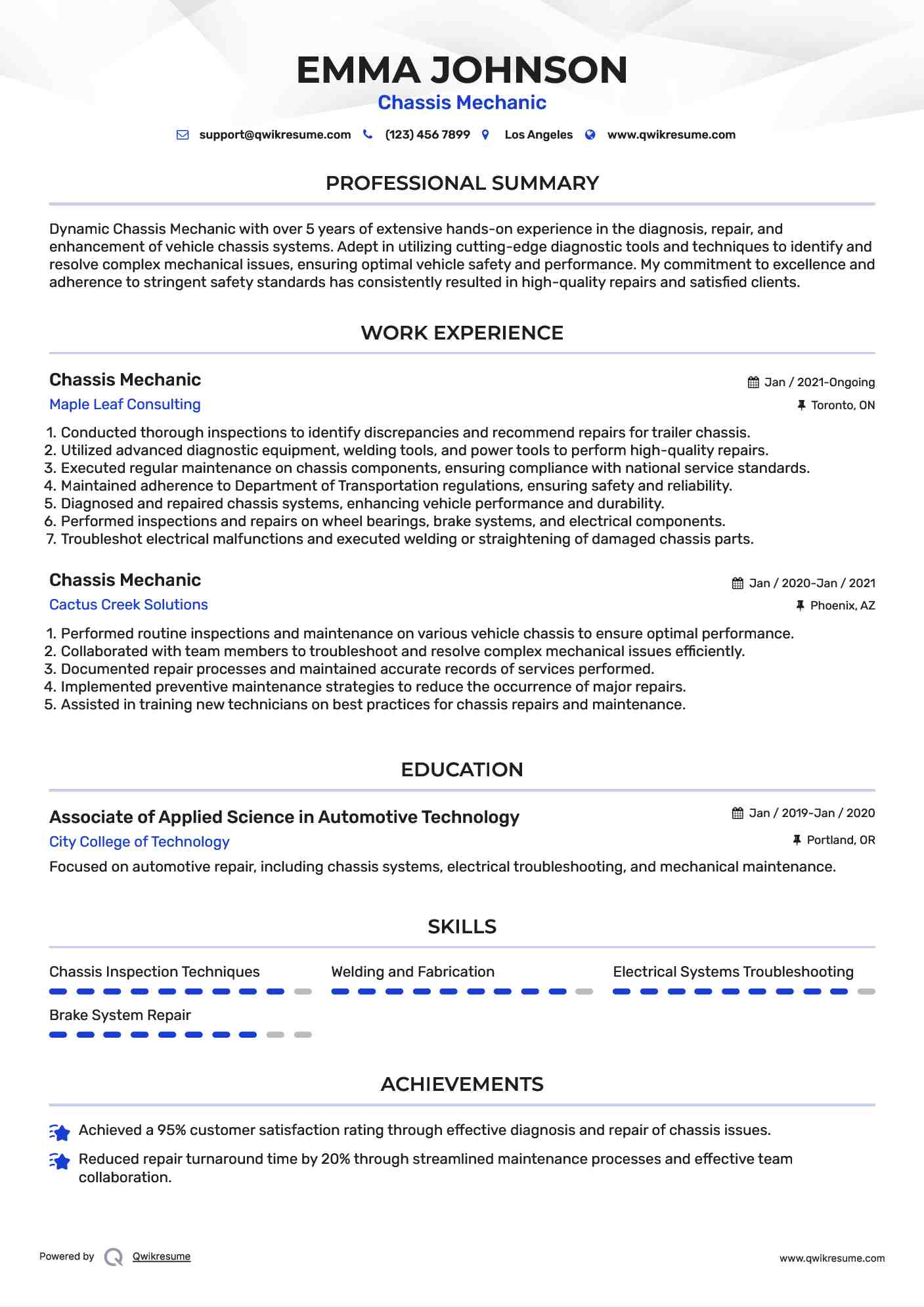 Chassis Mechanic Resume Sample