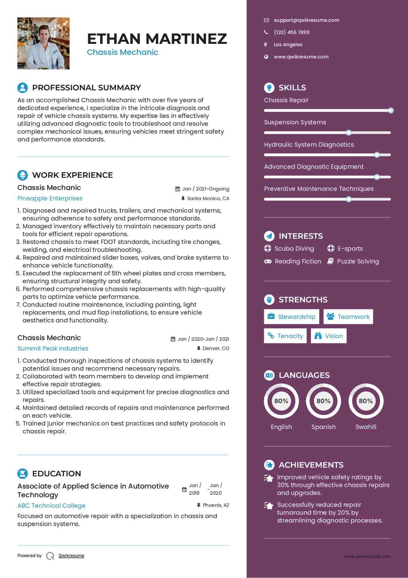 Chassis Mechanic Resume Samples QwikResume