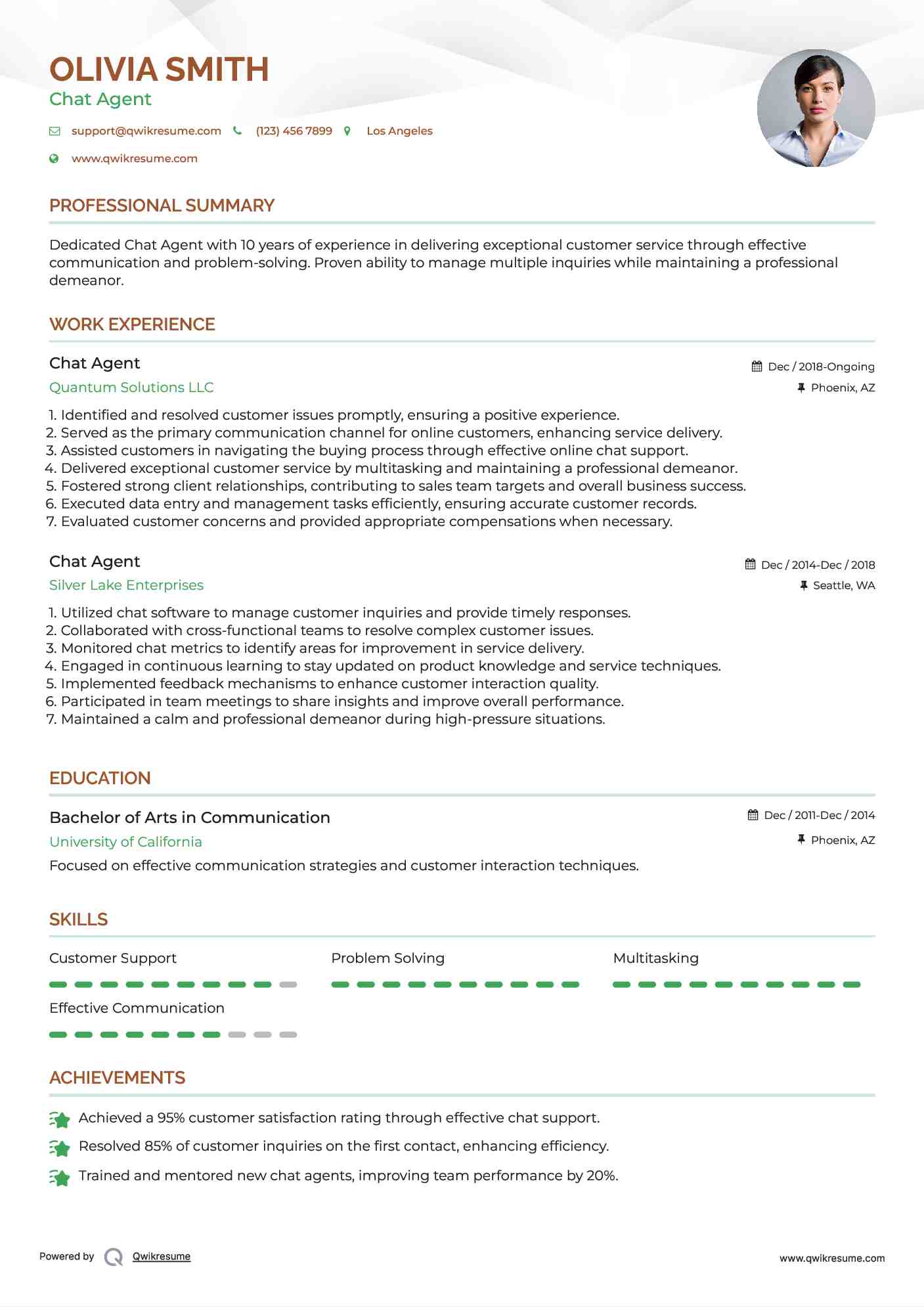 Chat Agent Resume Sample