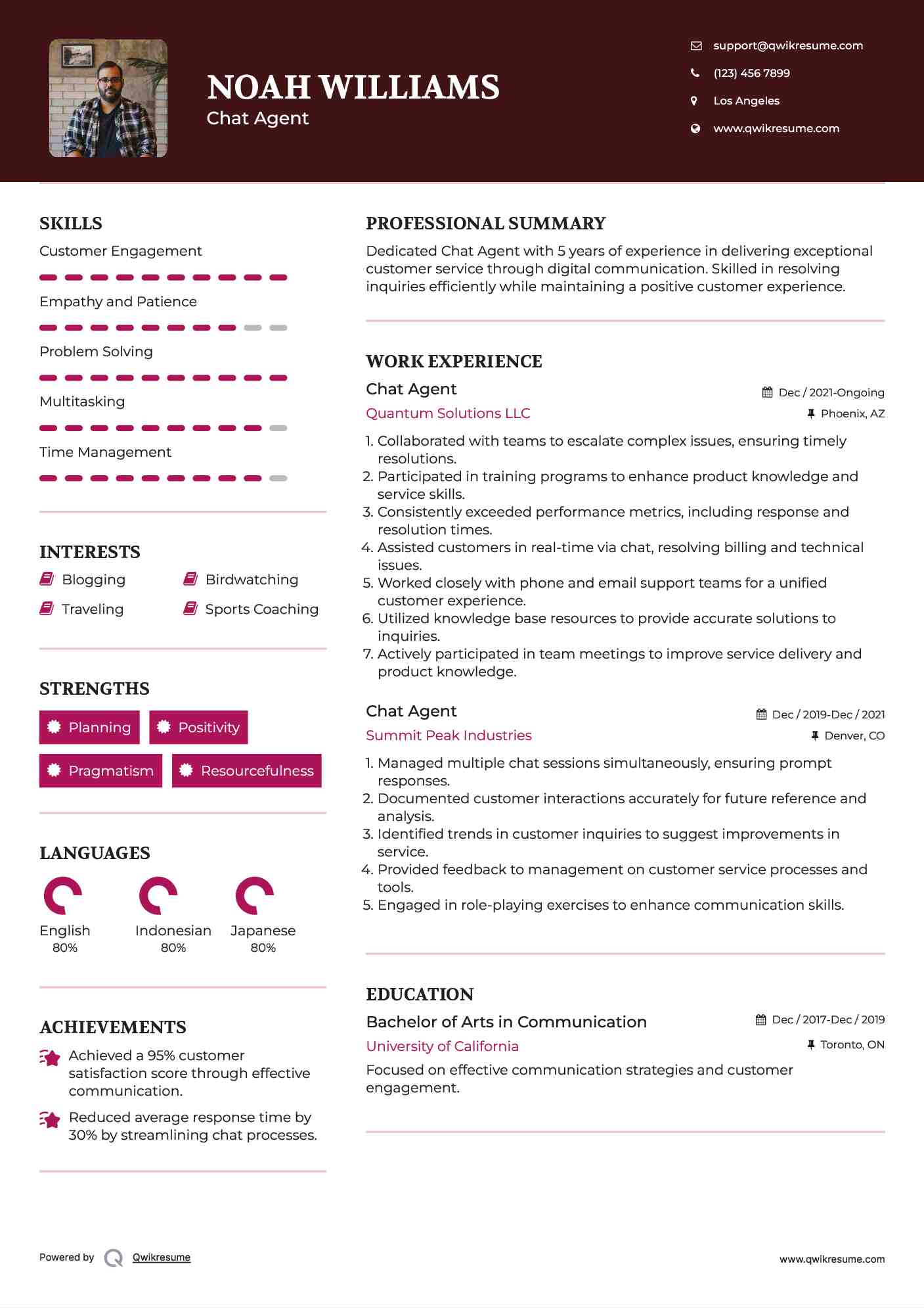 Chat Agent Resume Example