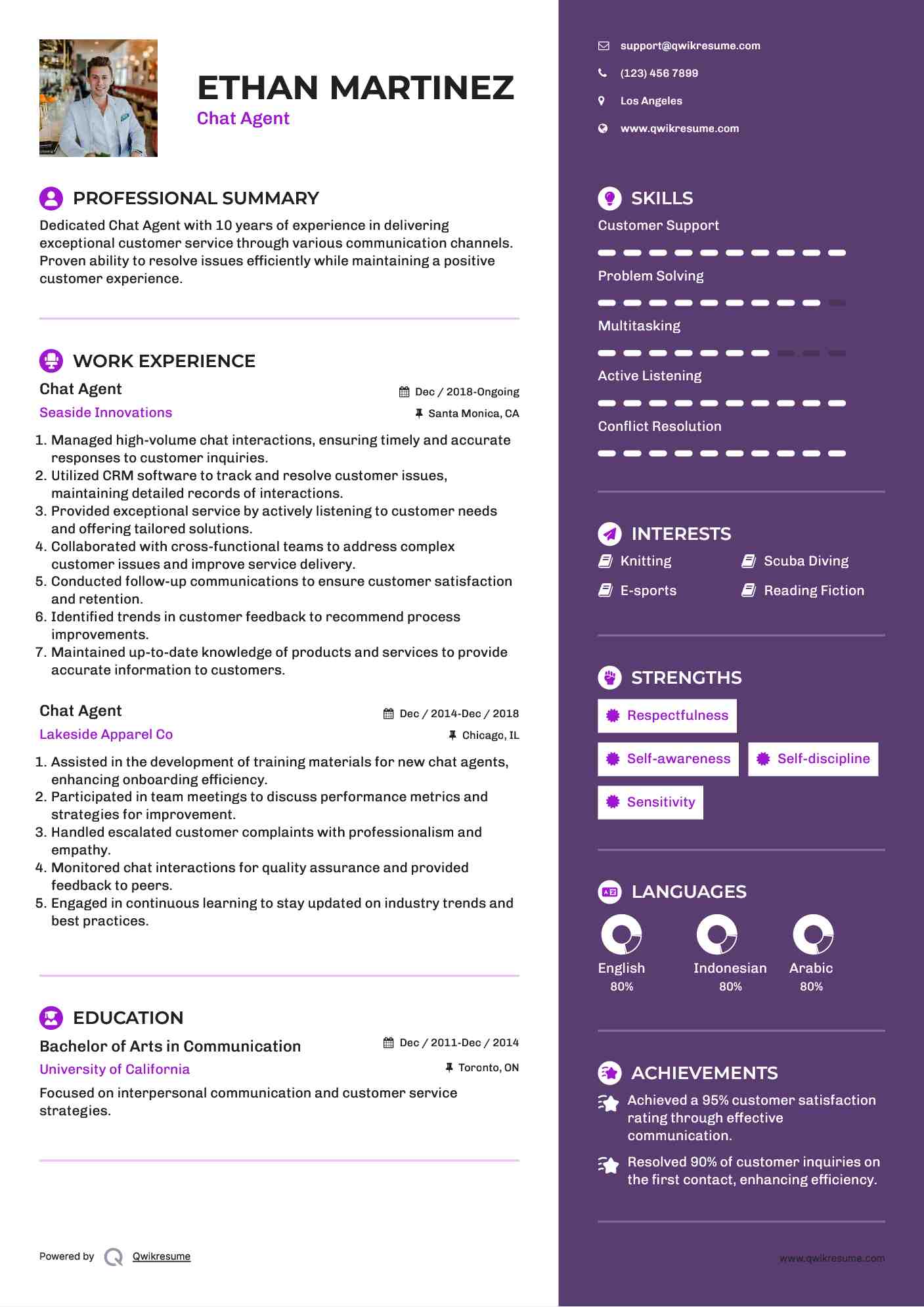 Chat Agent Resume Example