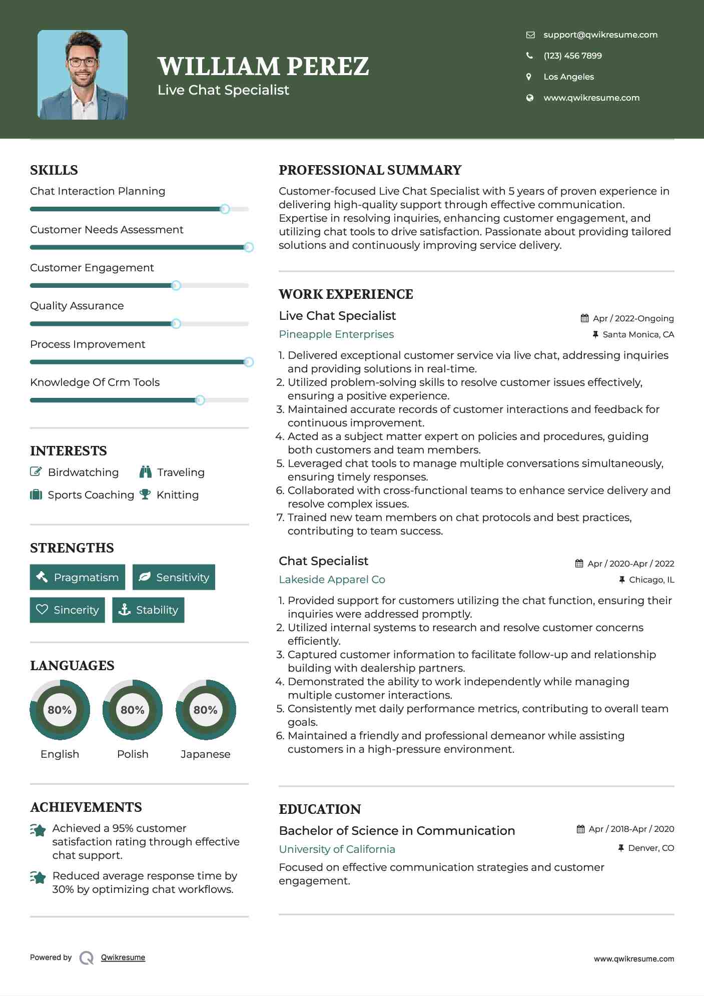 Live Chat Specialist
 Resume Template