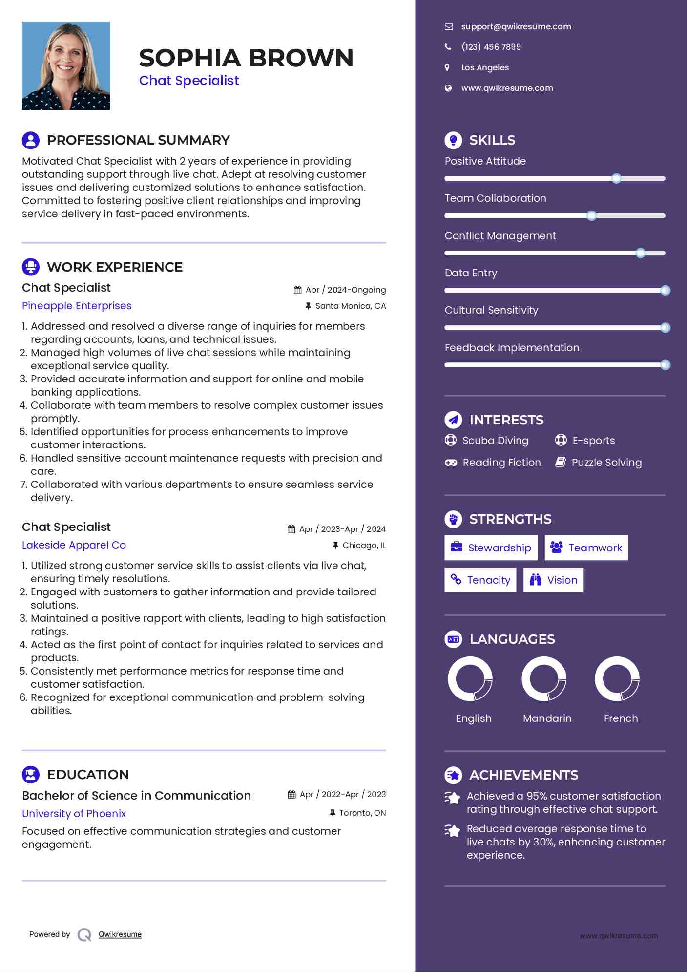 Chat Specialist Resume Model