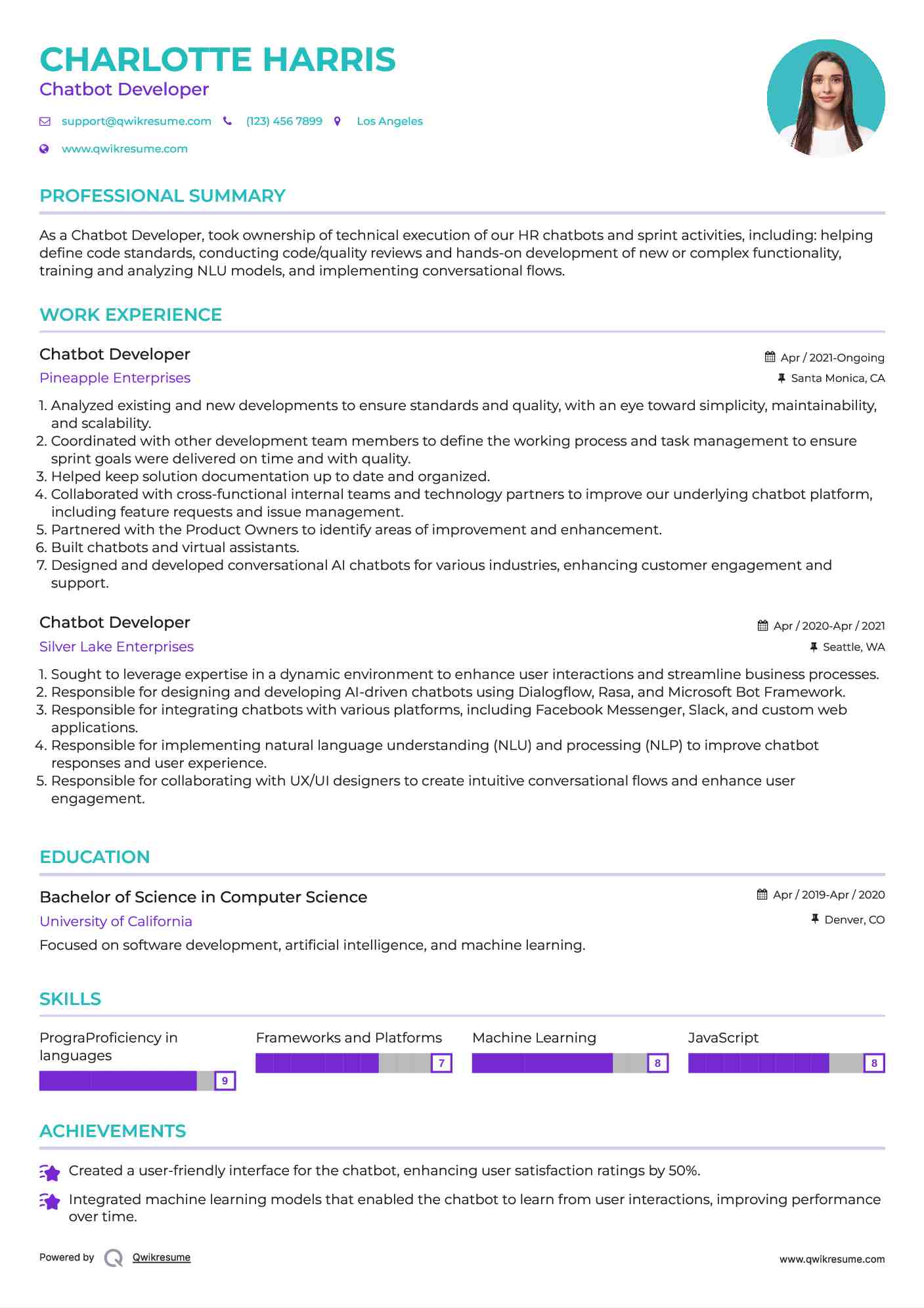 Chatbot Developer Resume Sample