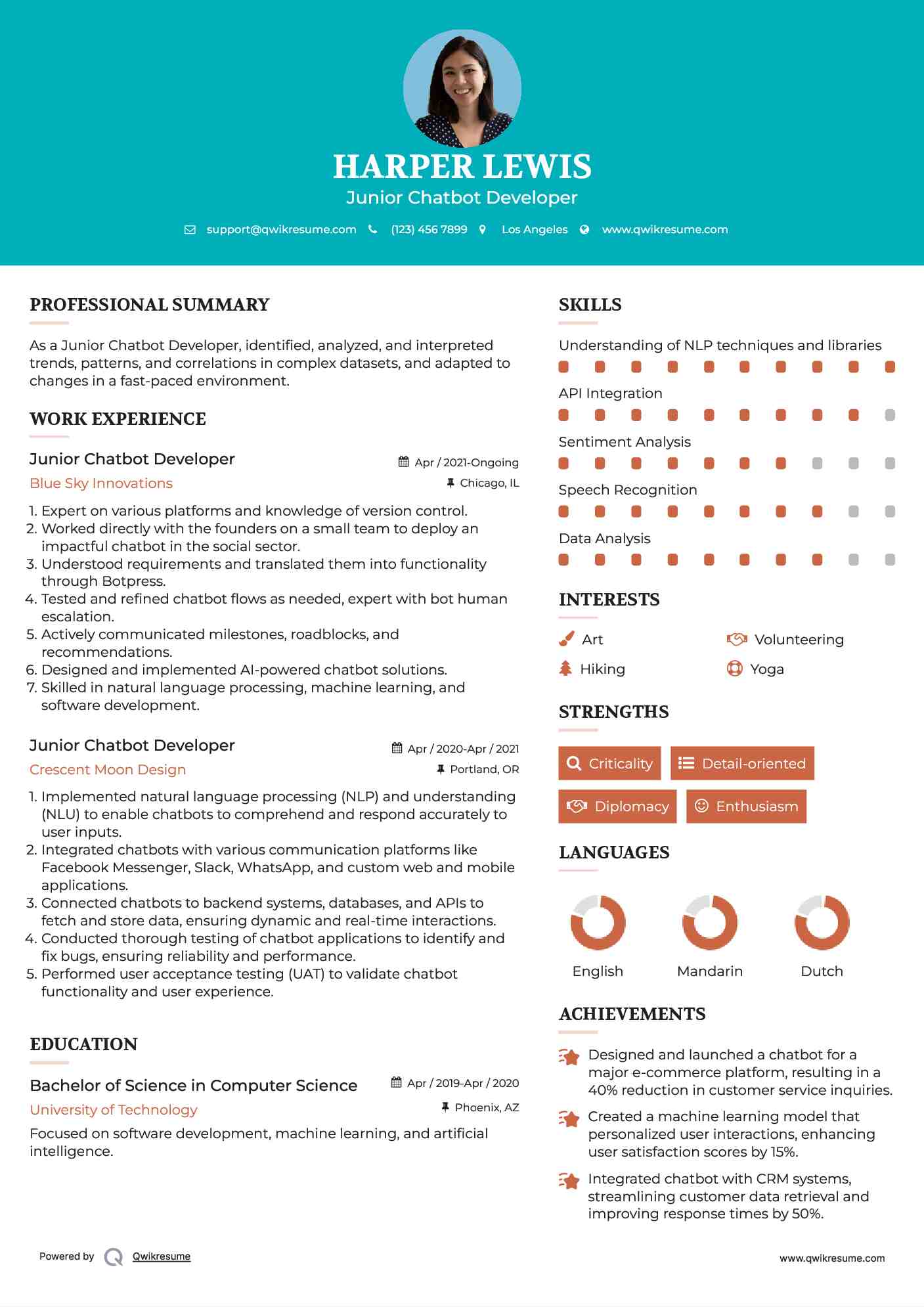 Junior Chatbot Developer Resume Example