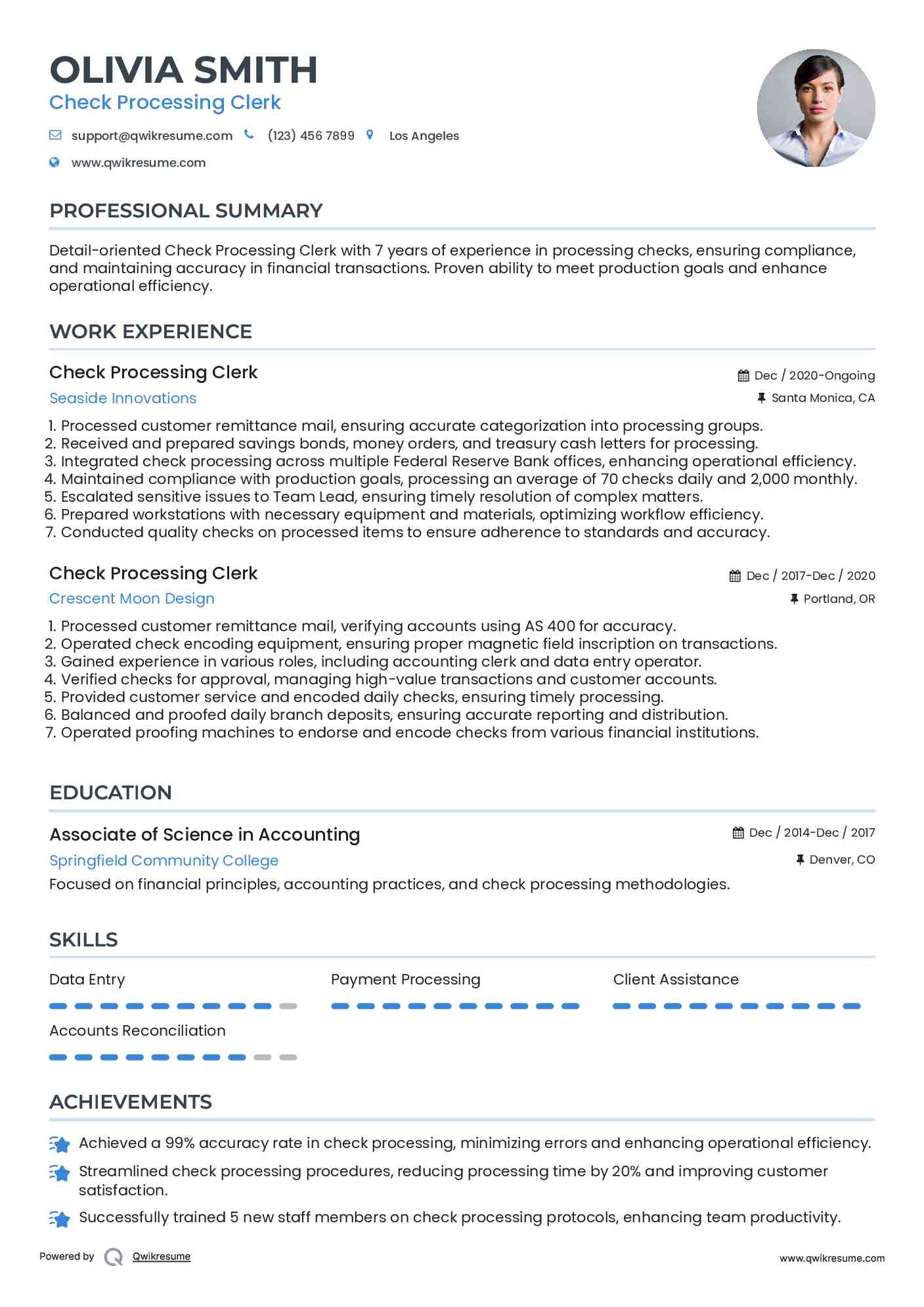Check Processing Clerk Resume Sample