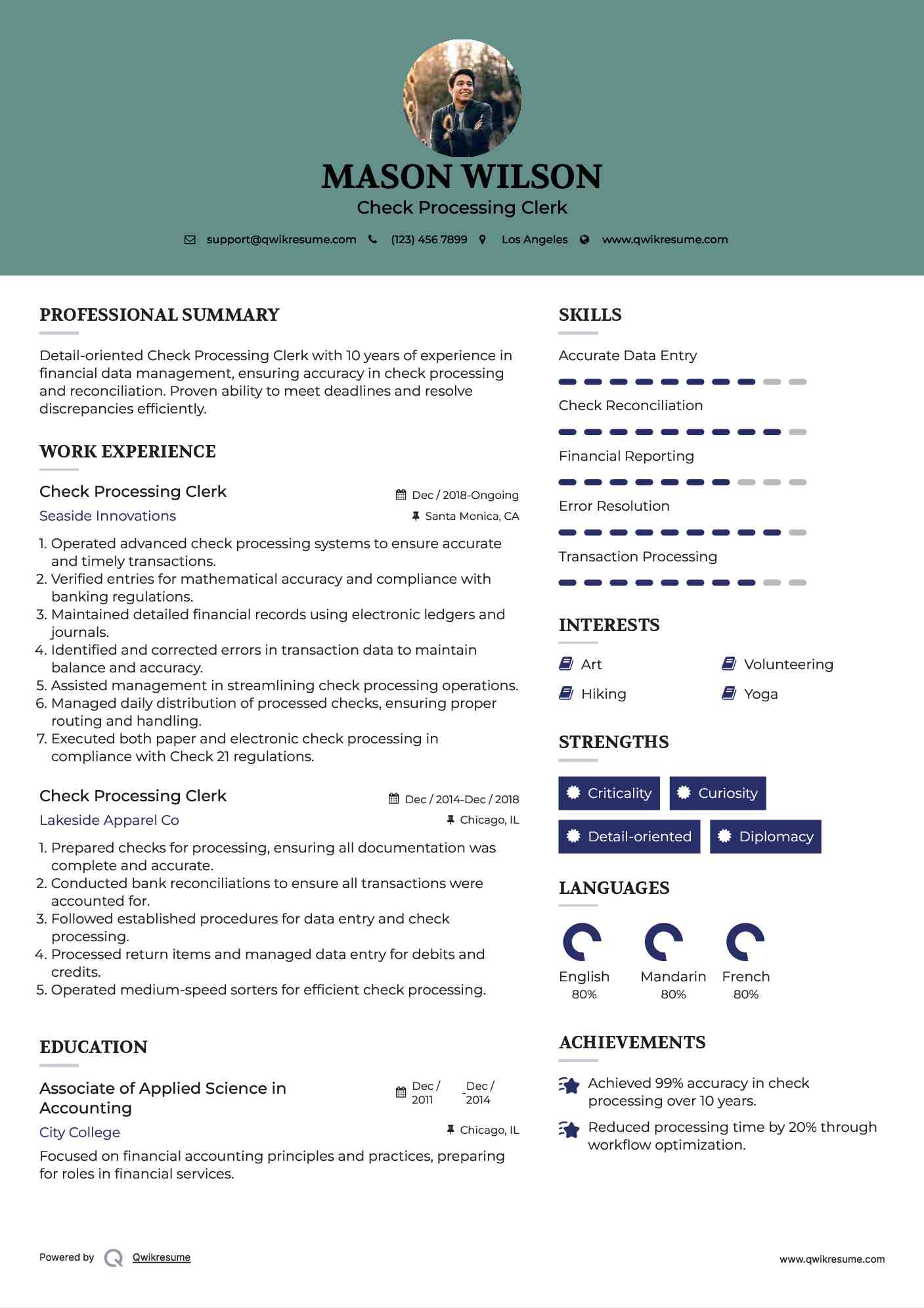 Check Processing Clerk Resume Sample