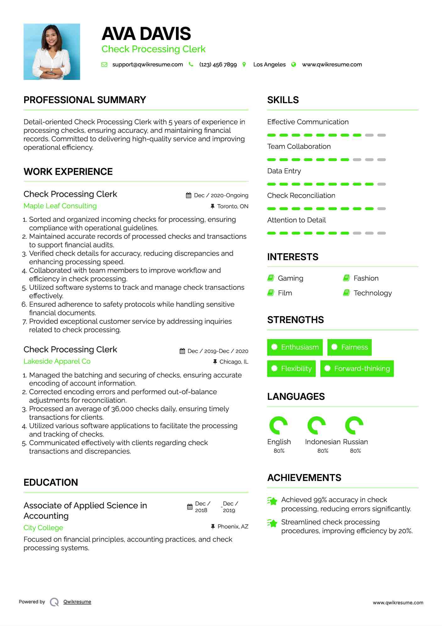 Check Processing Clerk Resume Model