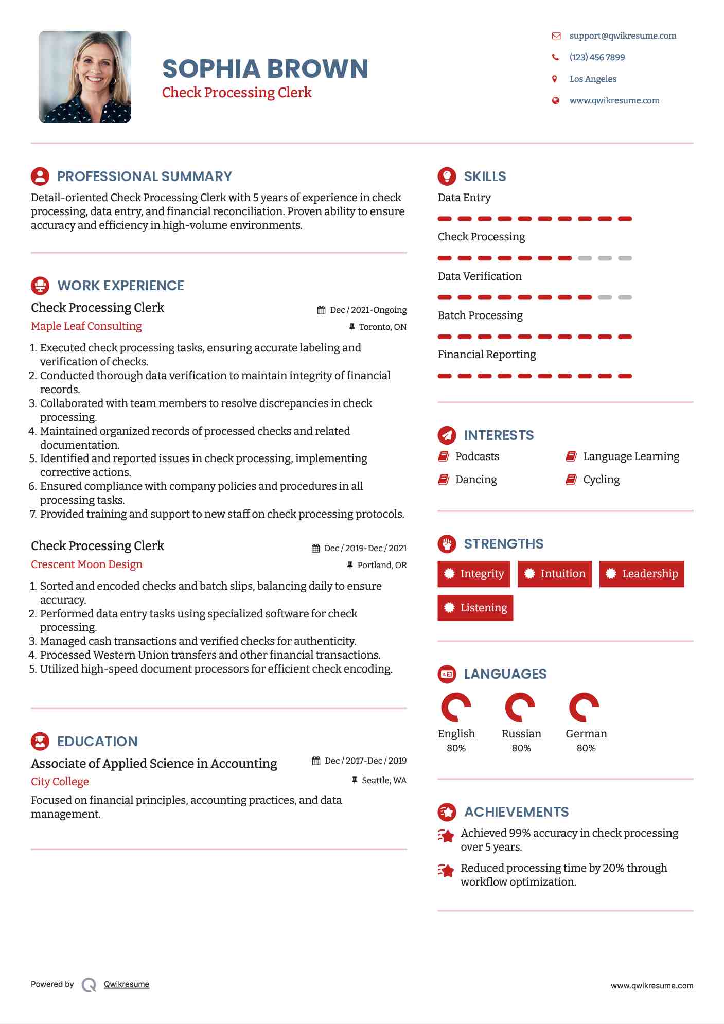 Check Processing Clerk Resume Model