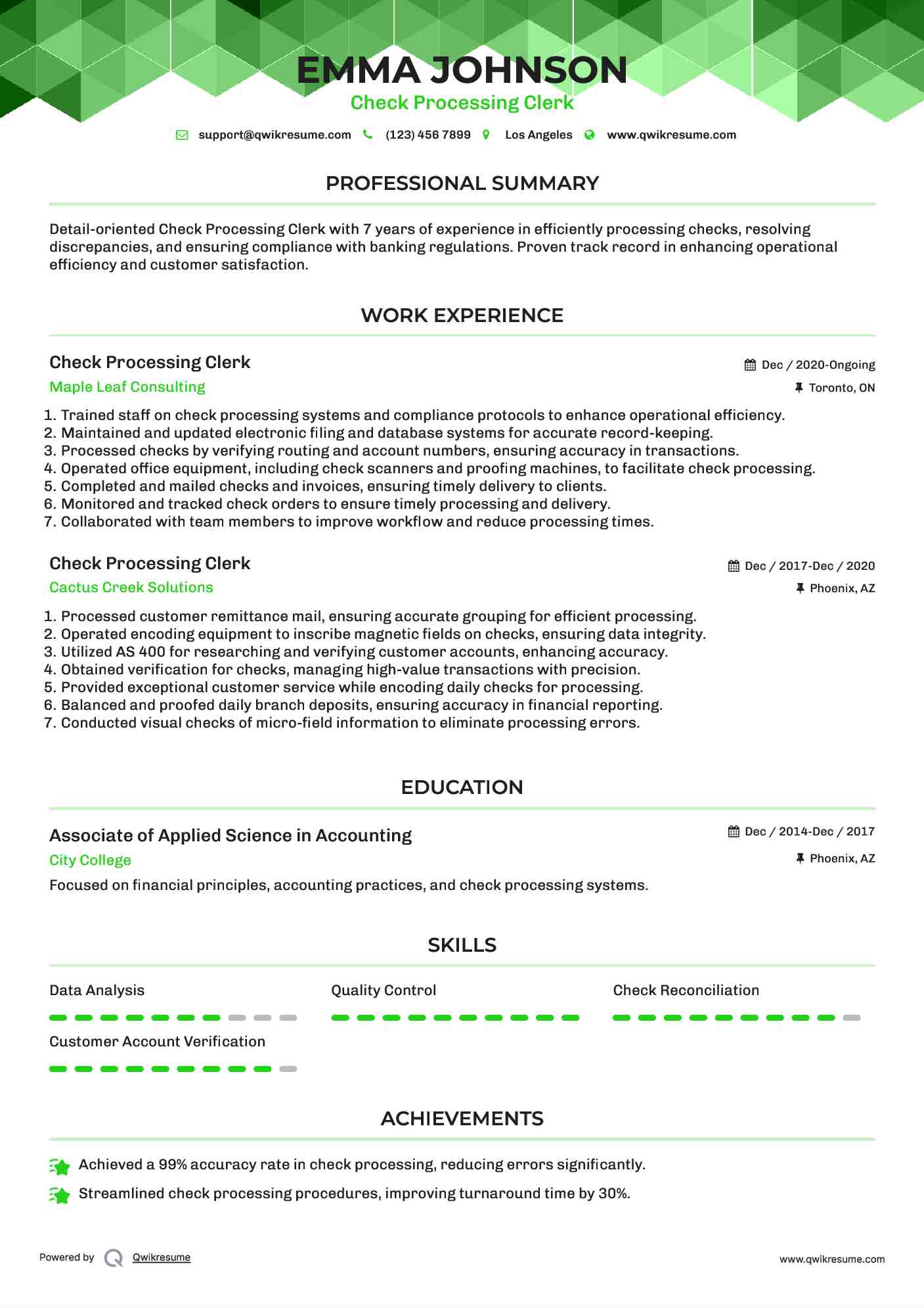 Check Processing Clerk Resume Sample
