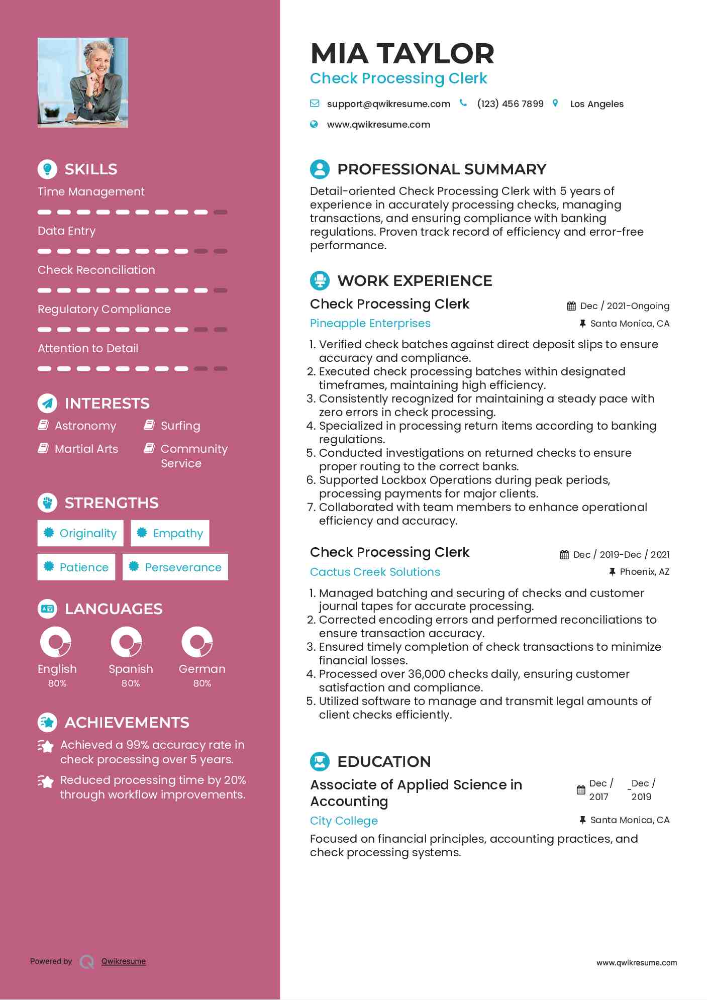 Check Processing Clerk Resume Example