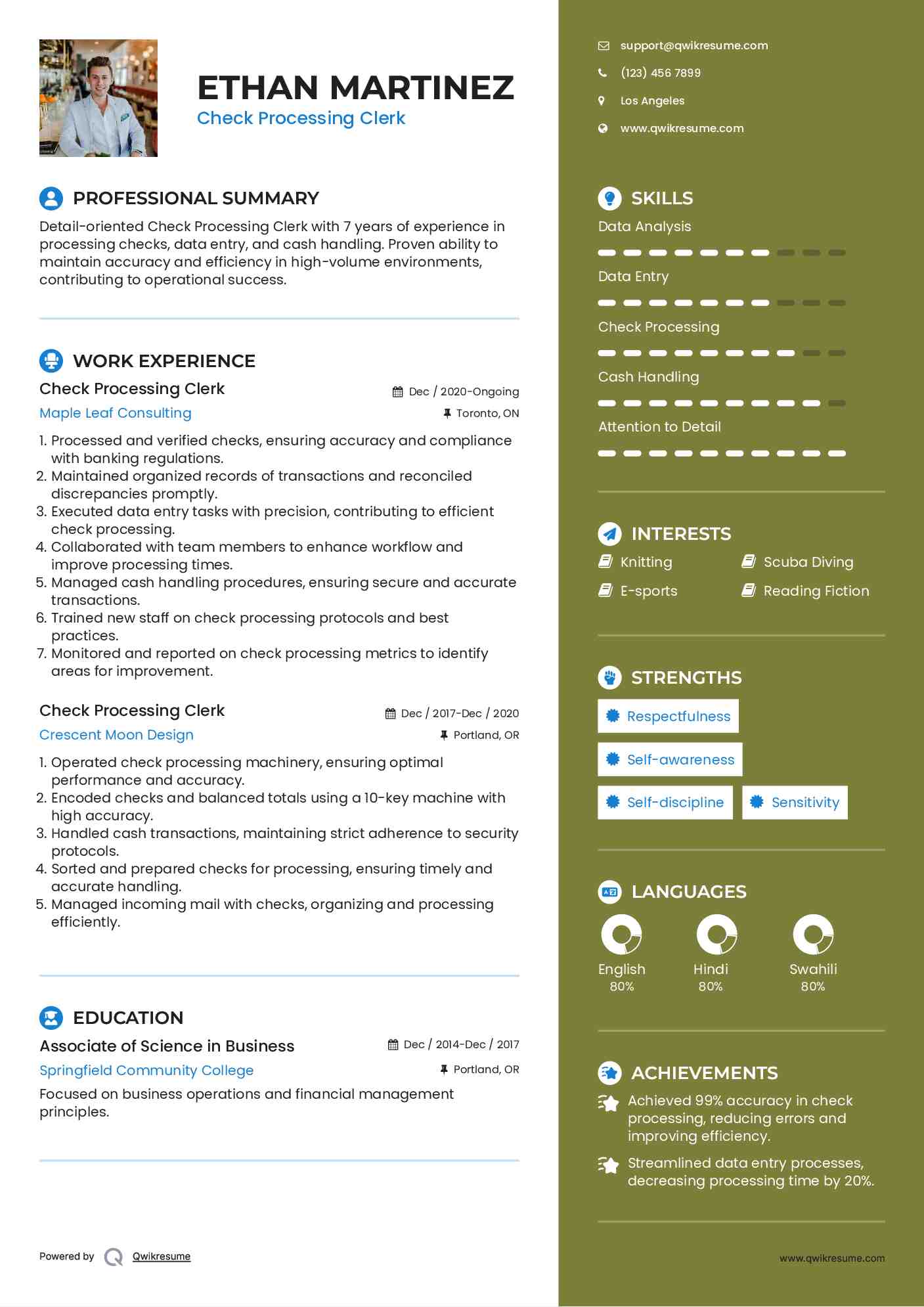 Check Processing Clerk Resume Model
