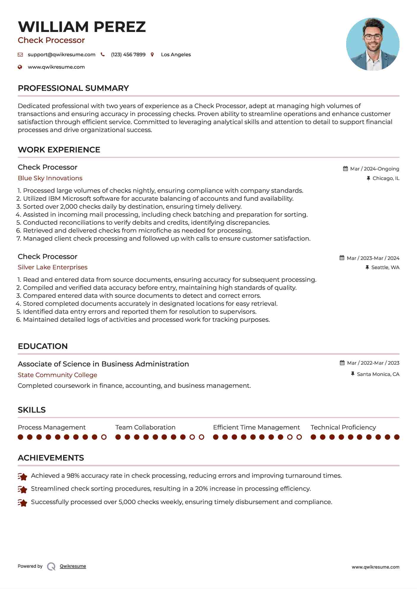 Check Processor Resume Model
