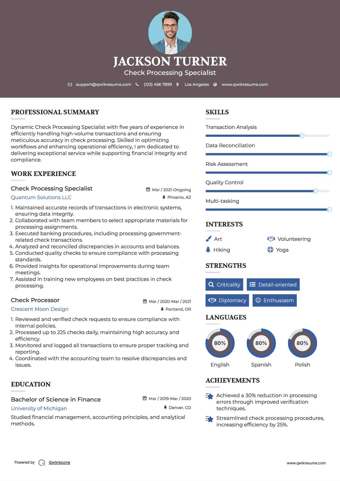 Check Processing Specialist Resume Template