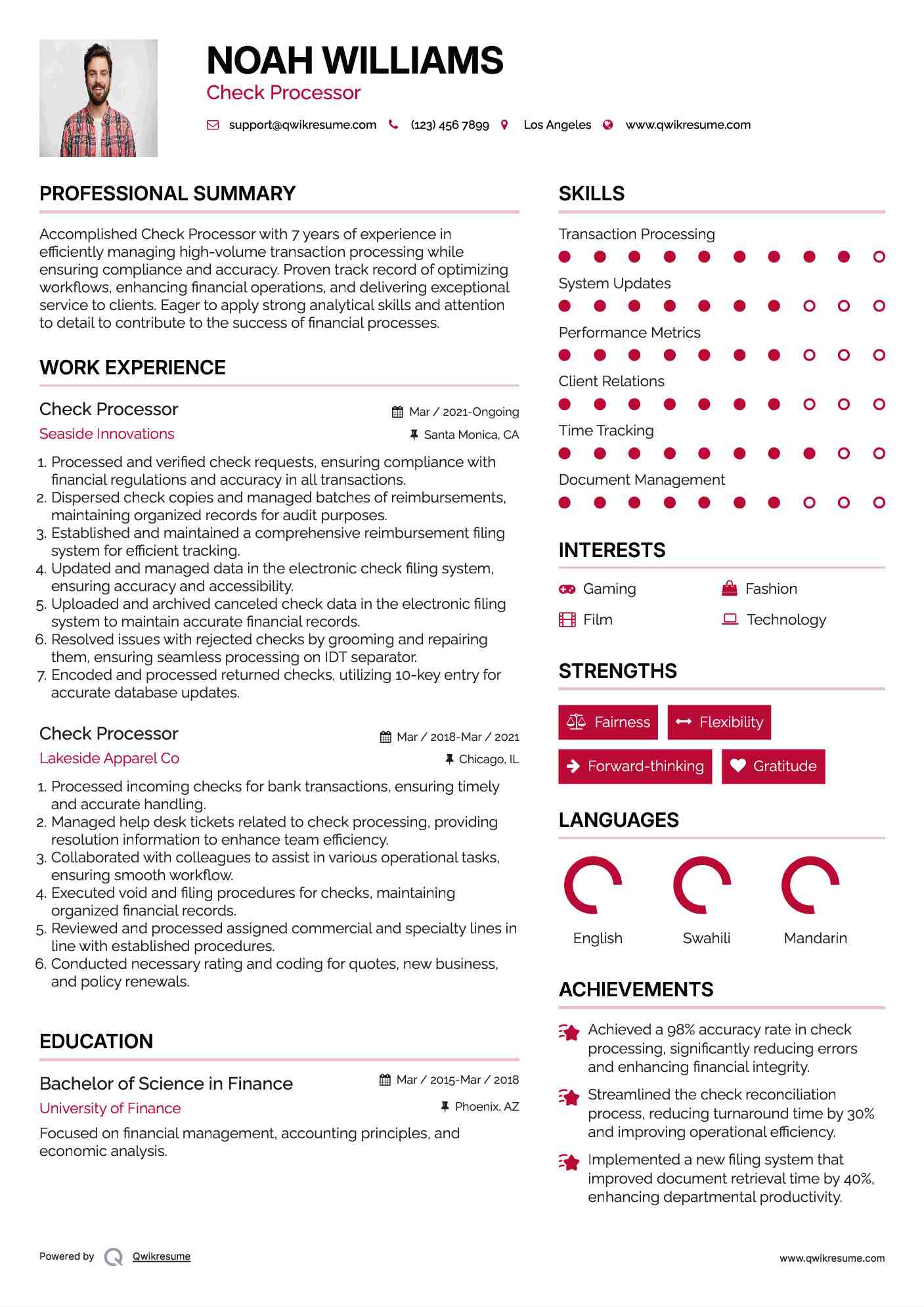 Check Processor Resume Format
