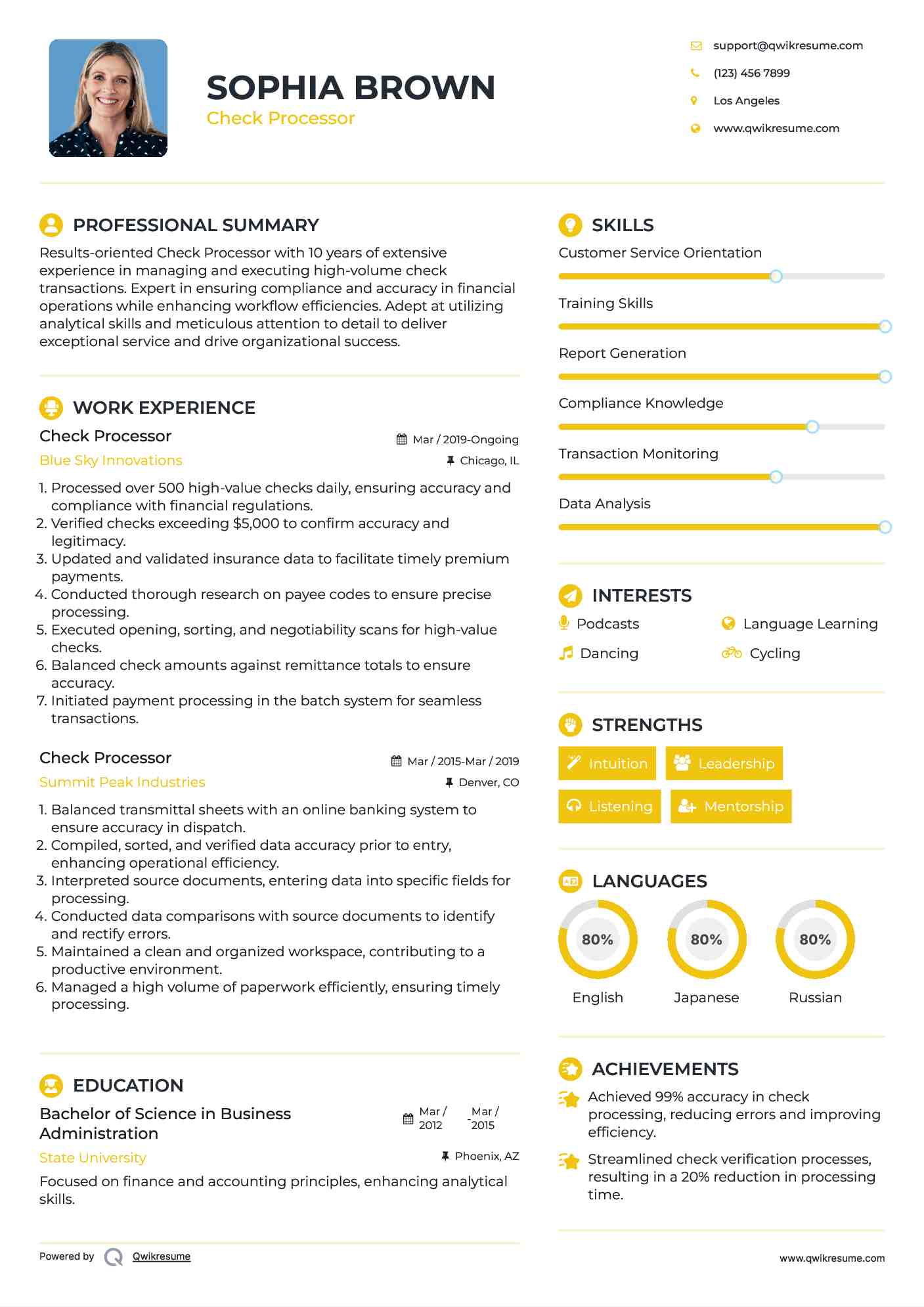 Check Processor Resume Template