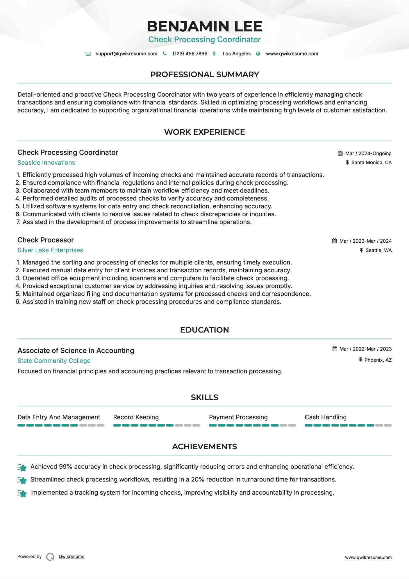 Check Processing Coordinator Resume Example