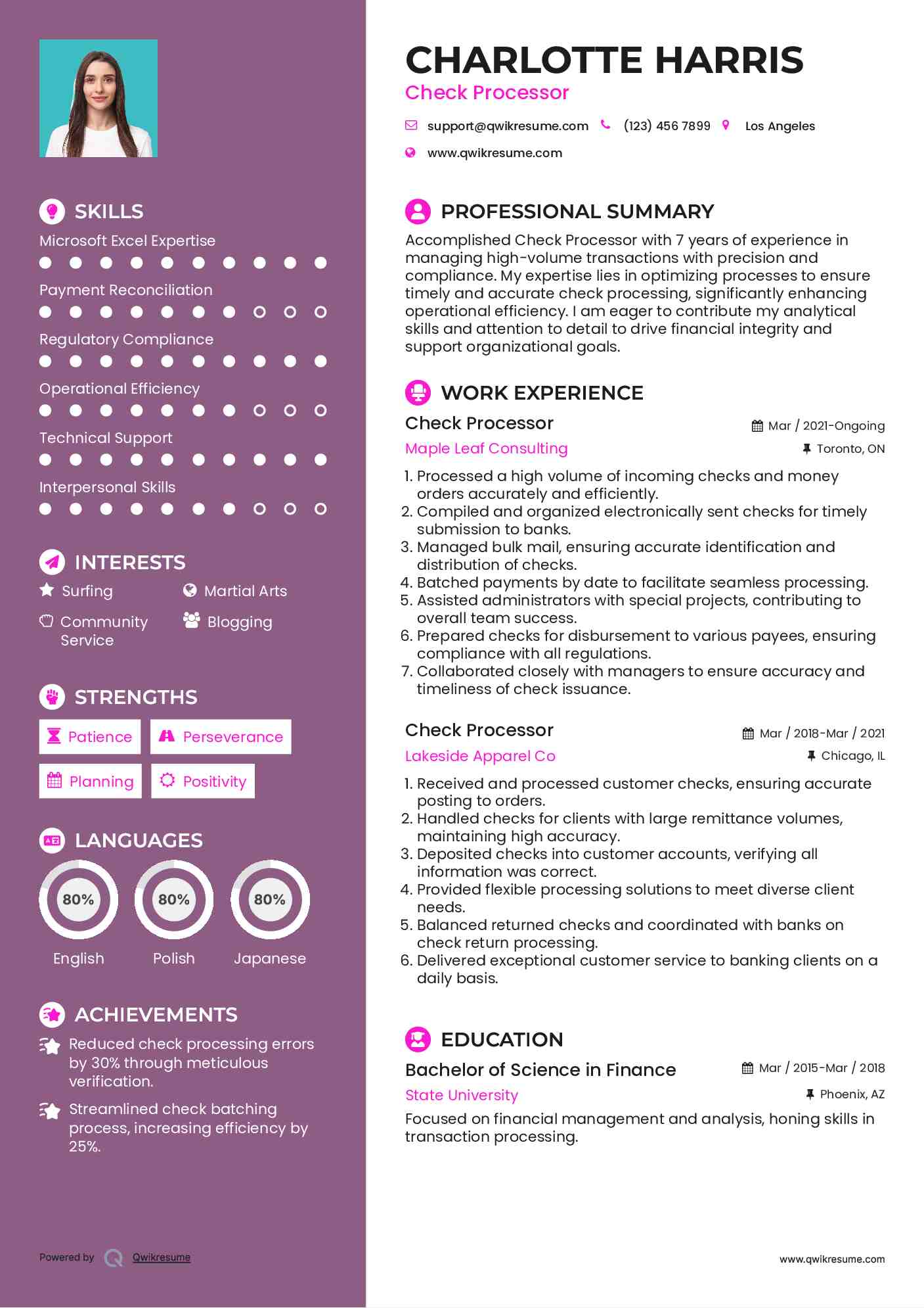 Check Processor Resume Format