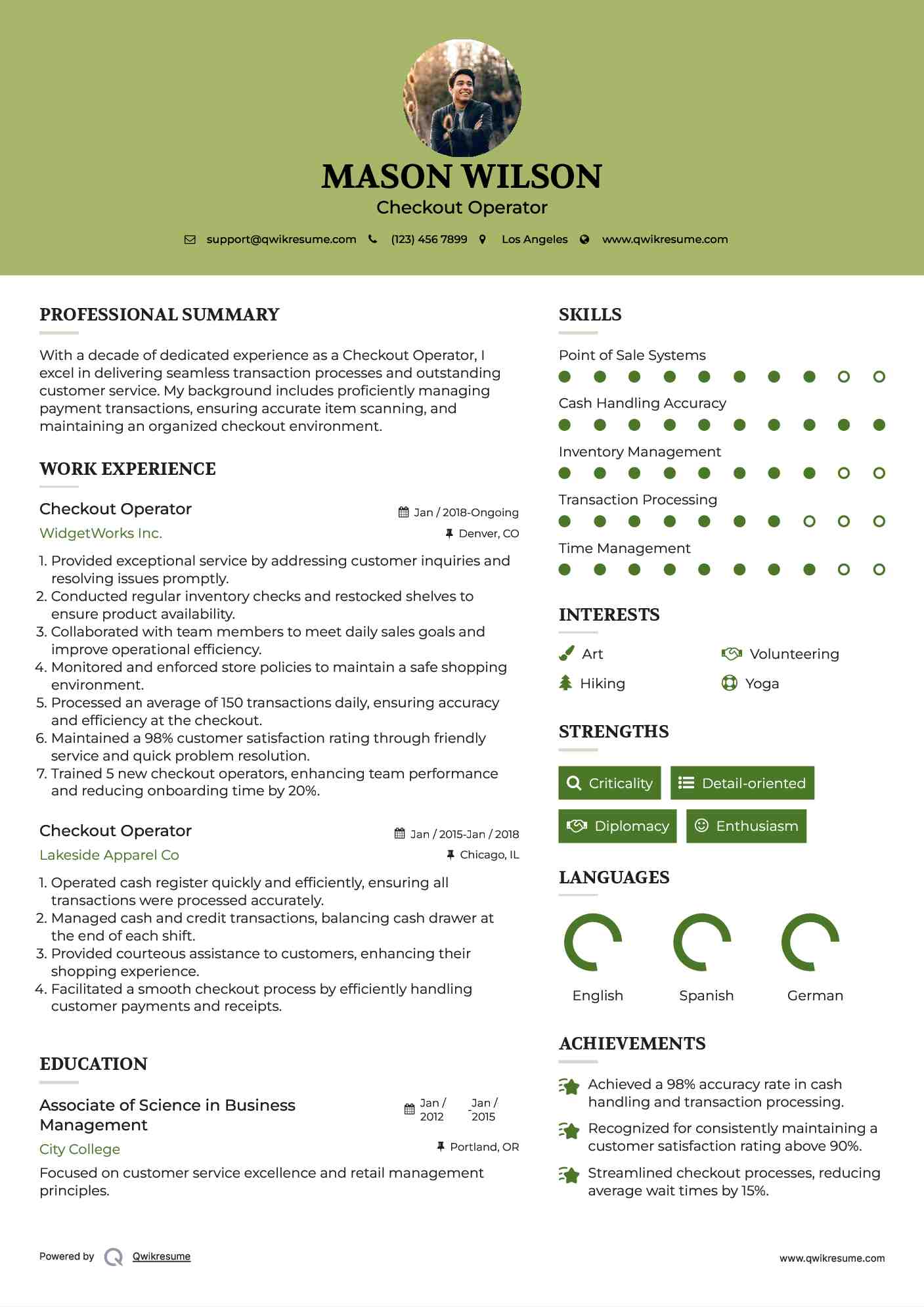 Checkout Operator Resume Sample