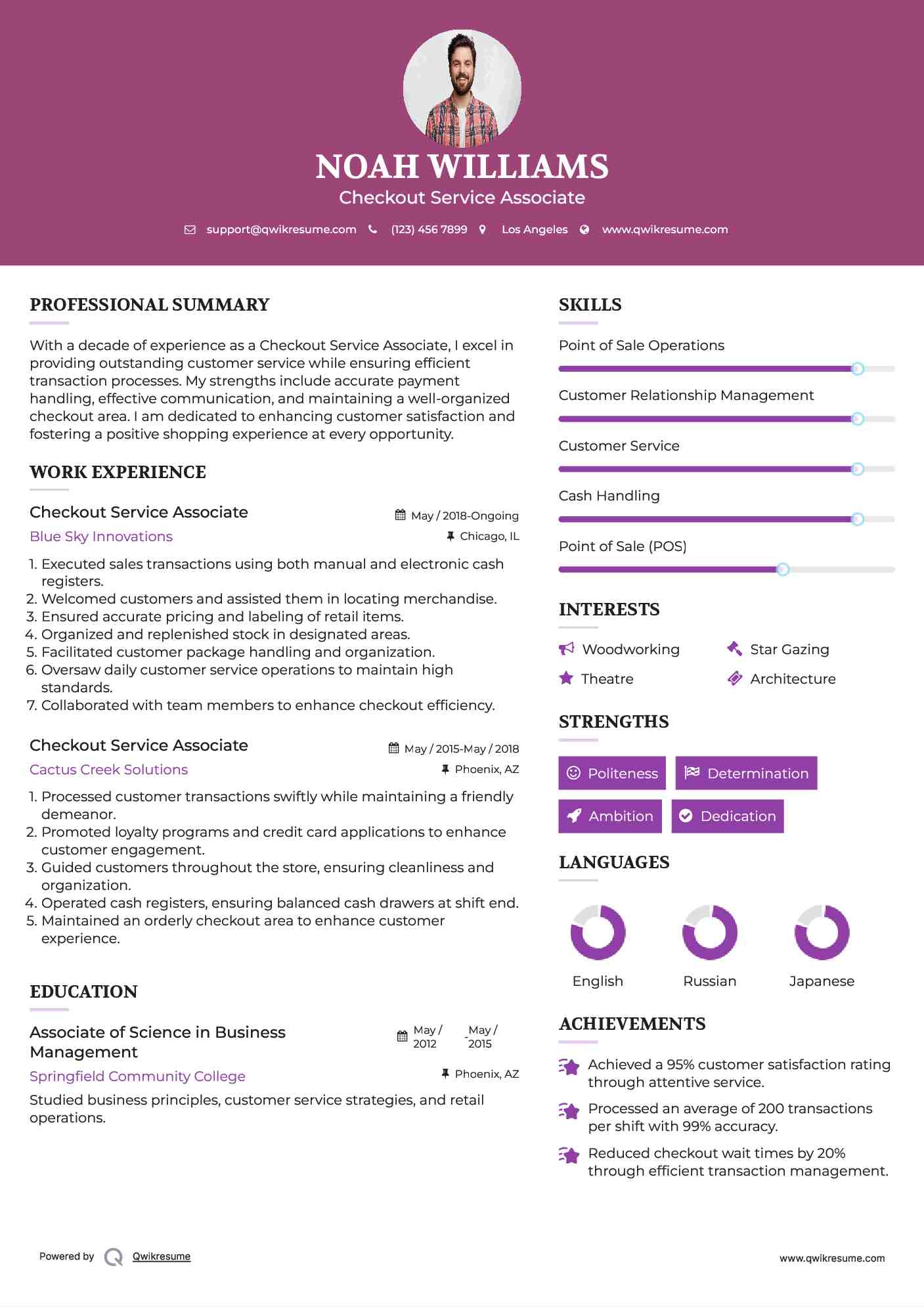 Checkout Service Associate Resume Model