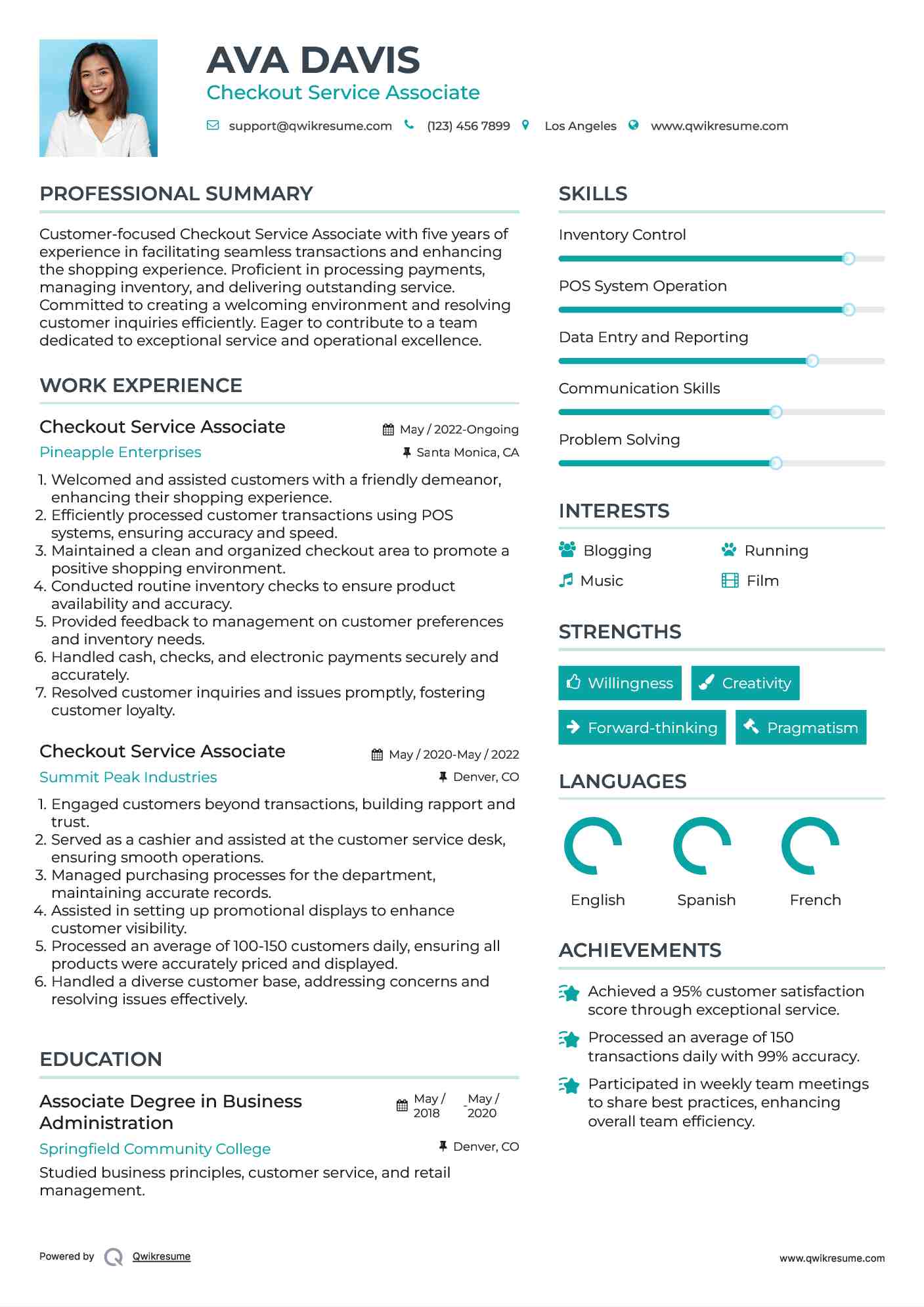 Checkout Service Associate Resume Sample