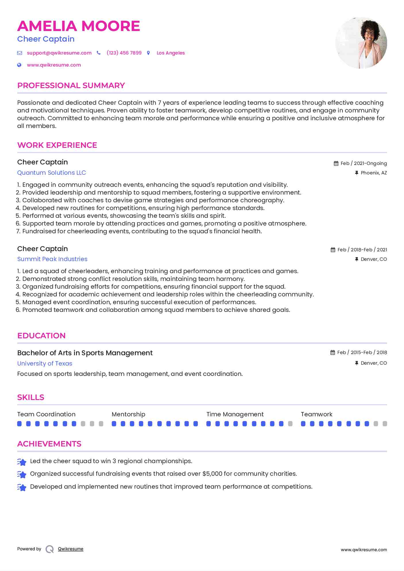 Cheer Captain Resume Samples QwikResume