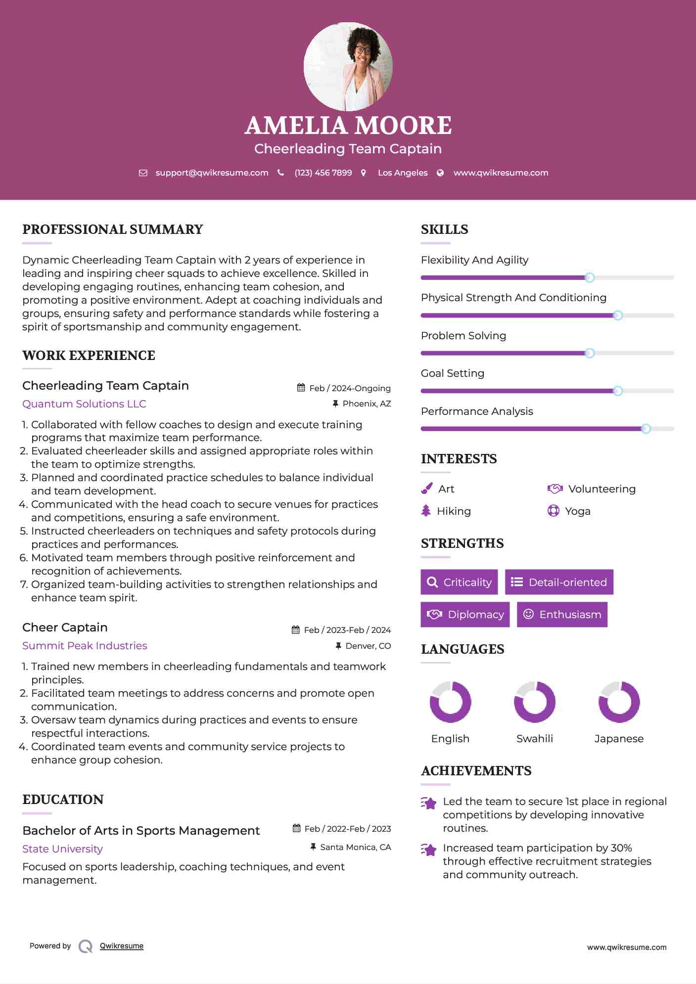 Cheer Captain Resume Samples QwikResume