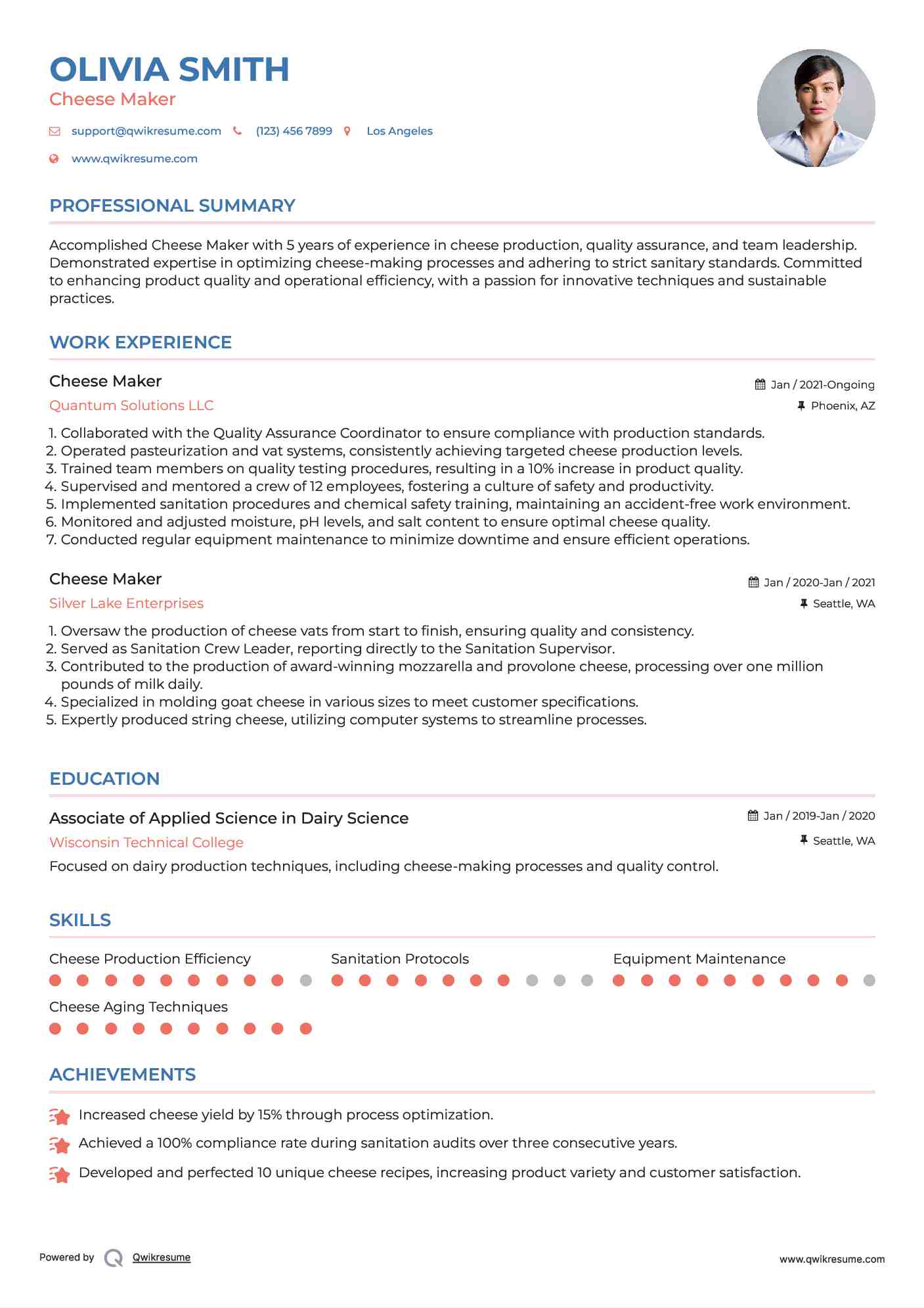 Cheese Maker Resume Samples QwikResume