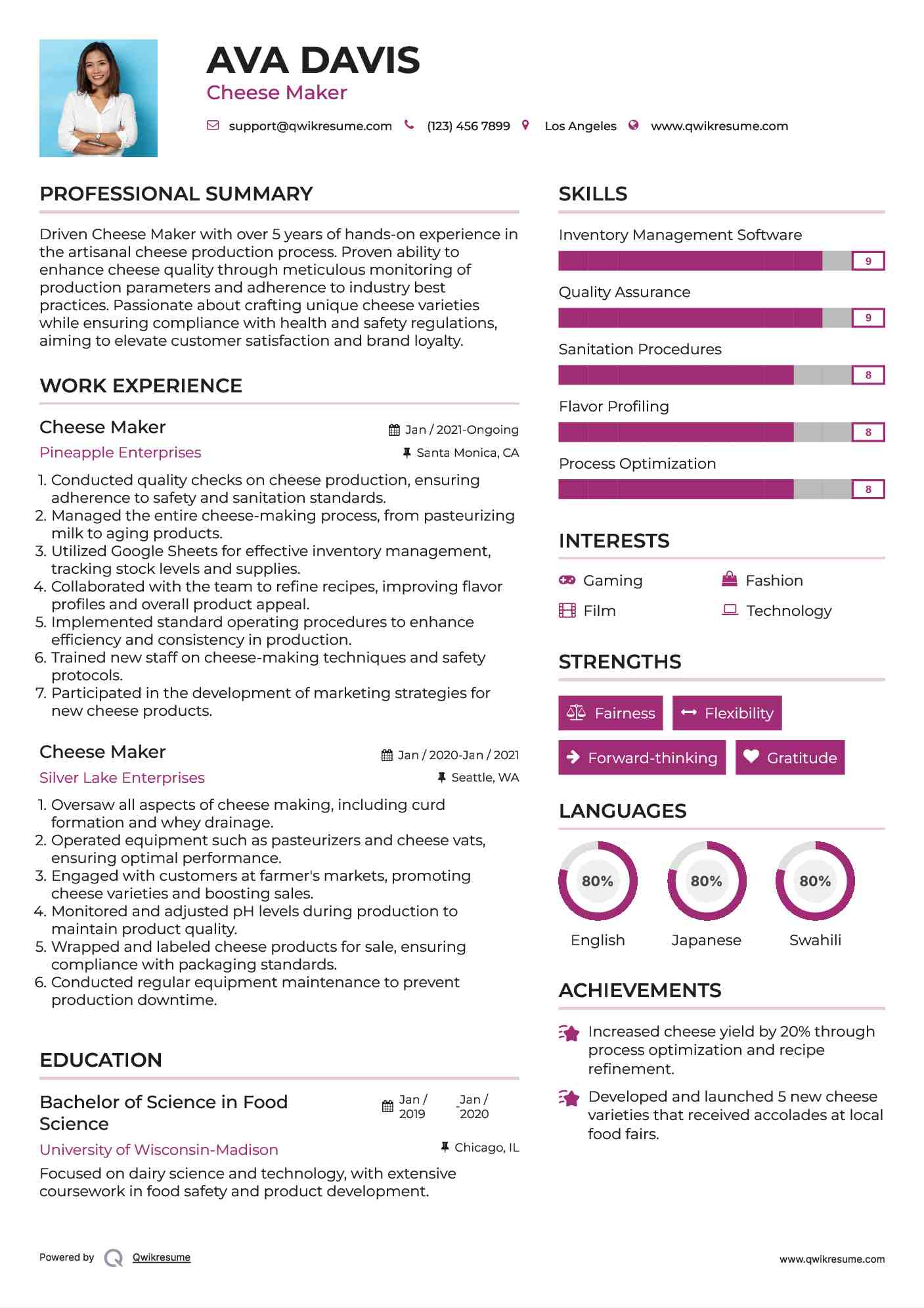Cheese Maker Resume Samples QwikResume