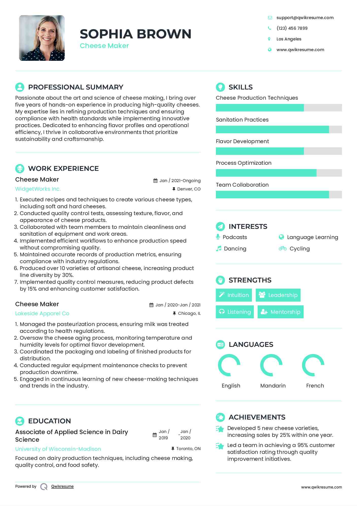Cheese Maker Resume Model