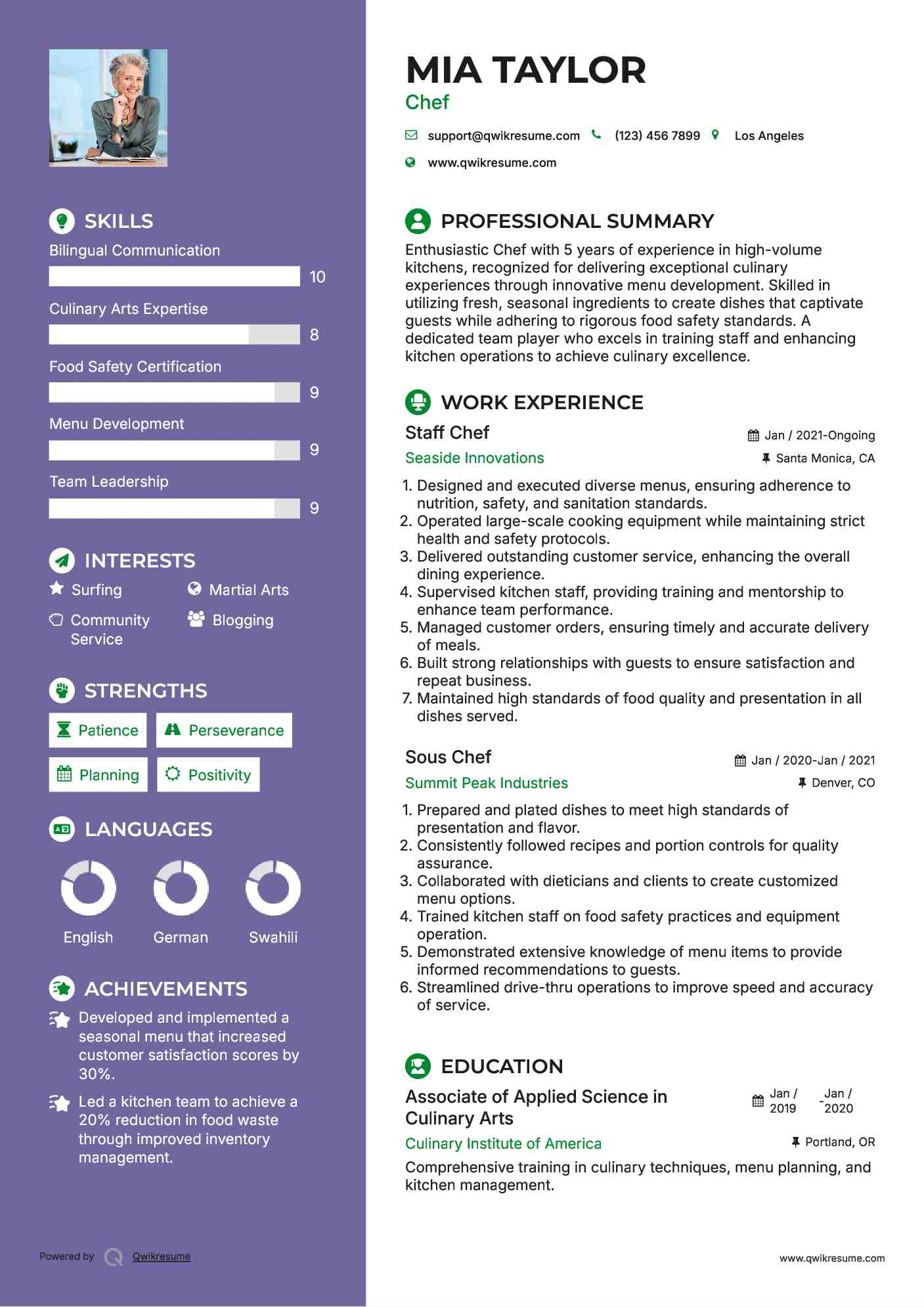 Staff Chef Resume Example