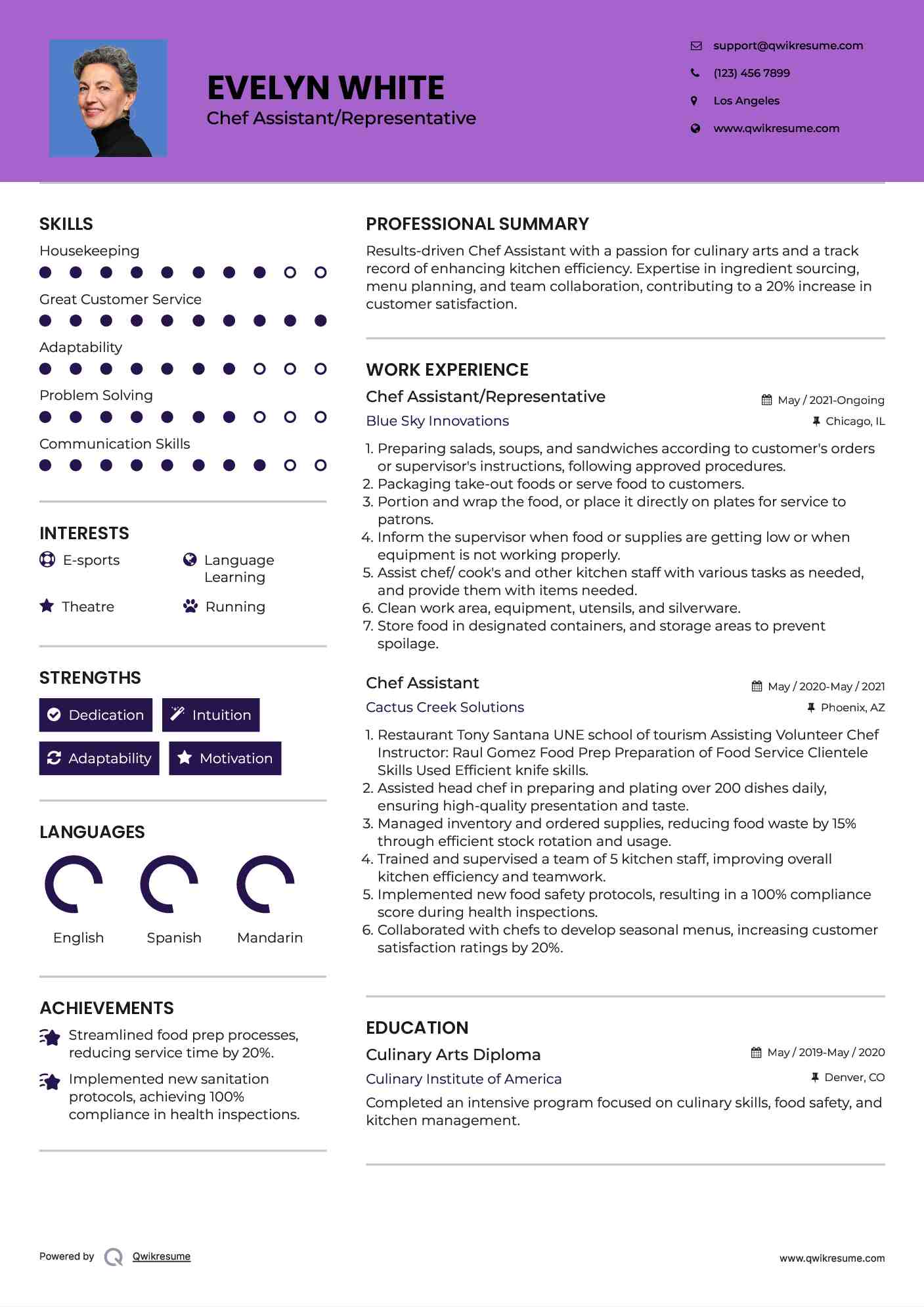 Chef Assistant/Representative Resume Sample