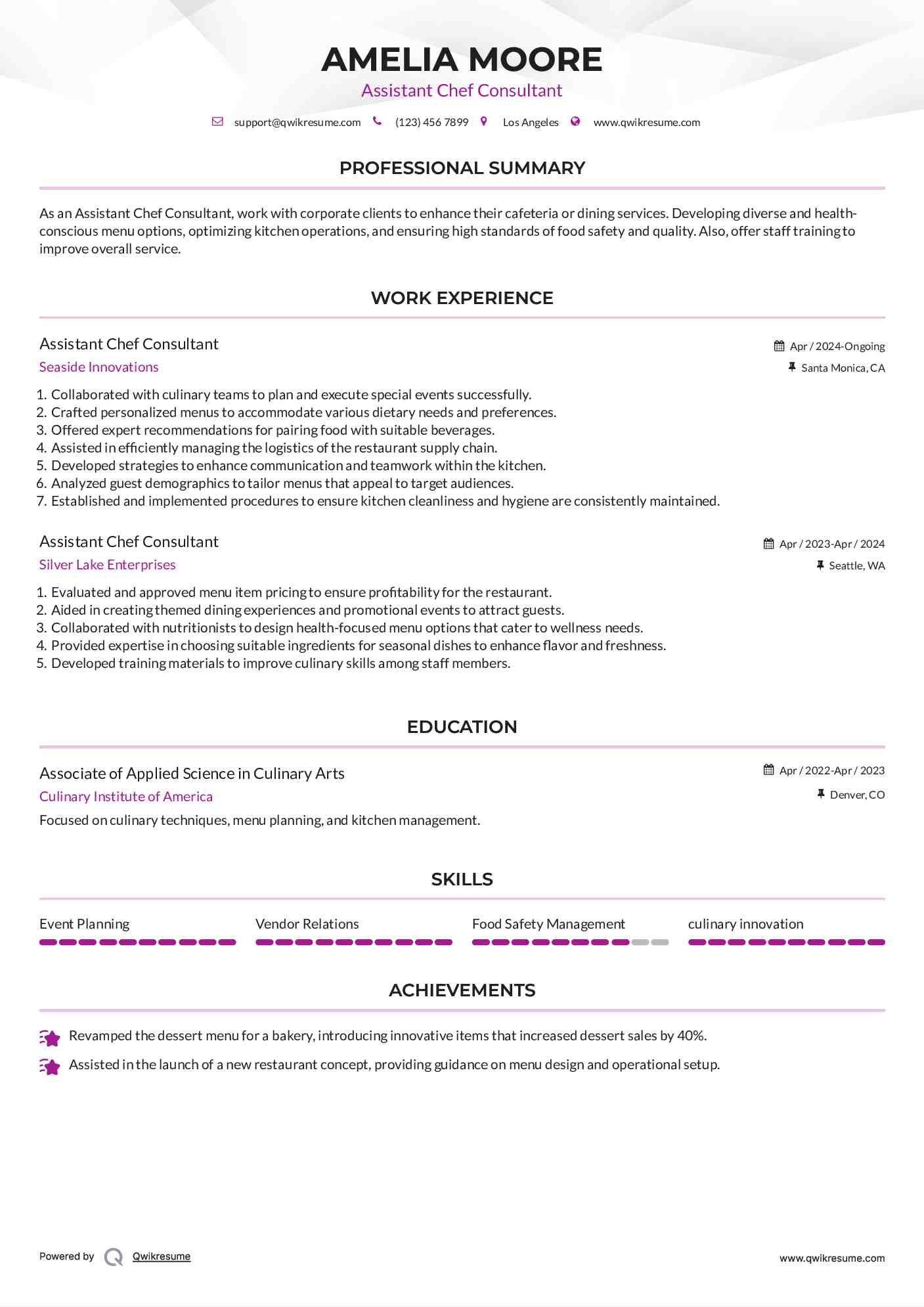 Assistant Chef Consultant Resume Format