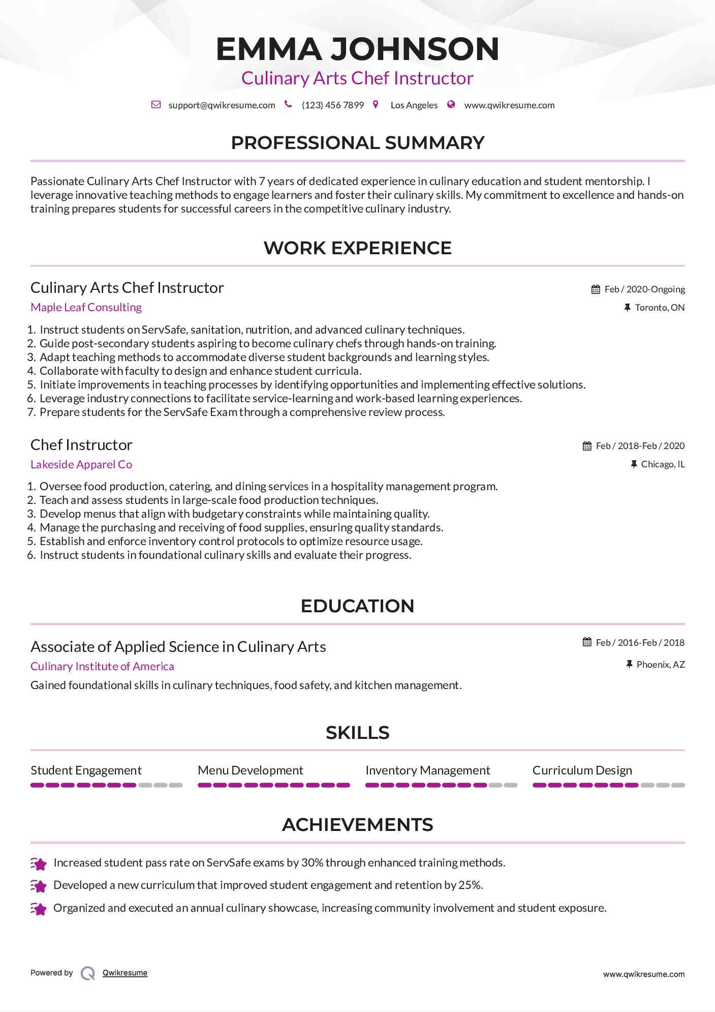 Culinary Arts Chef Instructor Resume Model