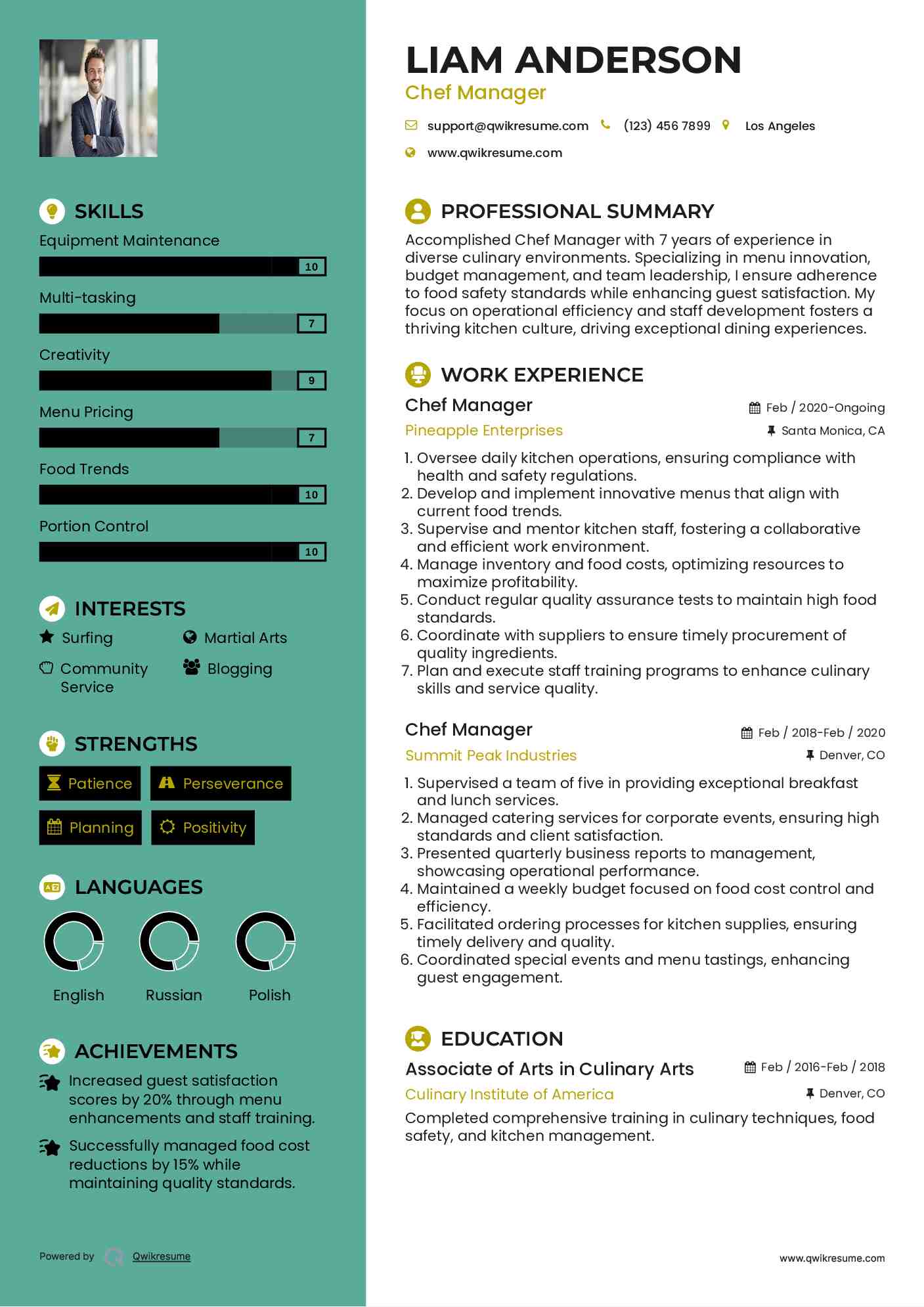 Chef Manager Resume Format