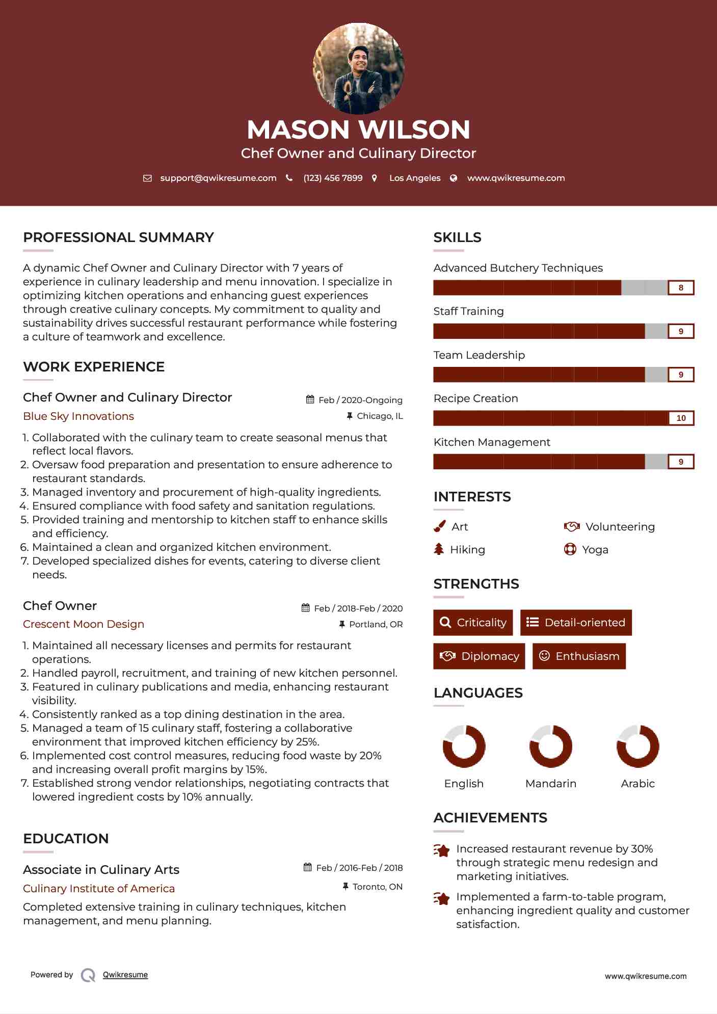 Chef Owner and Culinary Director Resume Format